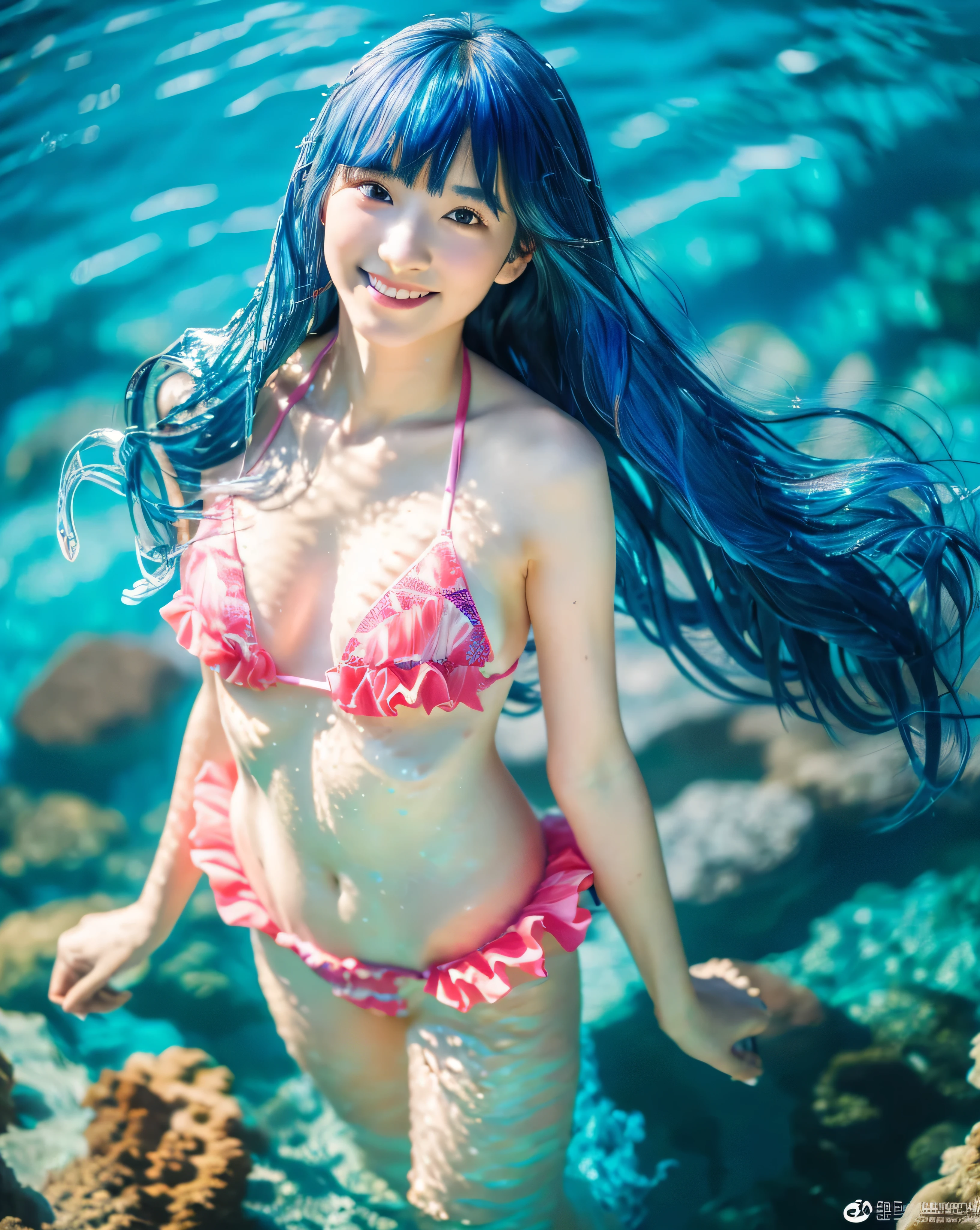 highest quality, 8k, High resolution, masterpiece:1.2), beautiful japanese girl, , (intricately shining blue hair:1.3), beautiful straight long hair, fine hair is disheveled, asymmetrical bangs, big magic eyes, High resolutionの茶色い瞳, pale pink lips, smooth soft skin, shiny face, bright makeup, gentle smile, (whole body:1.3), (white frill bikini 1.2), Detailed and perfect clavicle, High resolutionの美しい胸, Detailed and perfect belly button, Dense and beautiful legs, (Swim with fish:1.5), (swim in the sea:1.5), (100+ colorful coral reef), (100+ colorful tropical fish), professional lighting, professional photographer