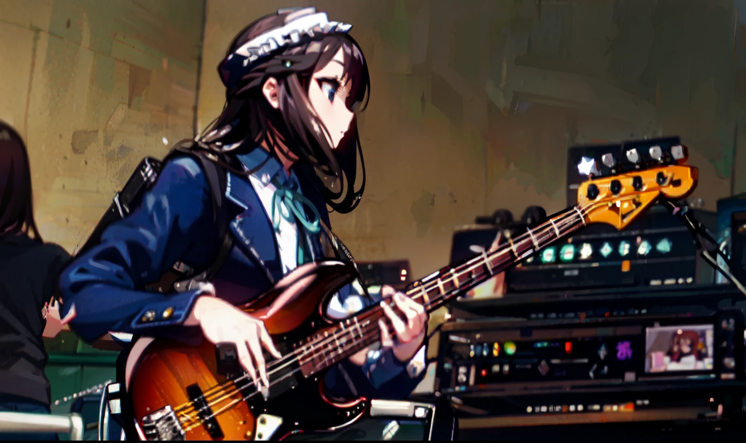 Mio Akiyama in a maid outfit playing a Fender Jazz bass