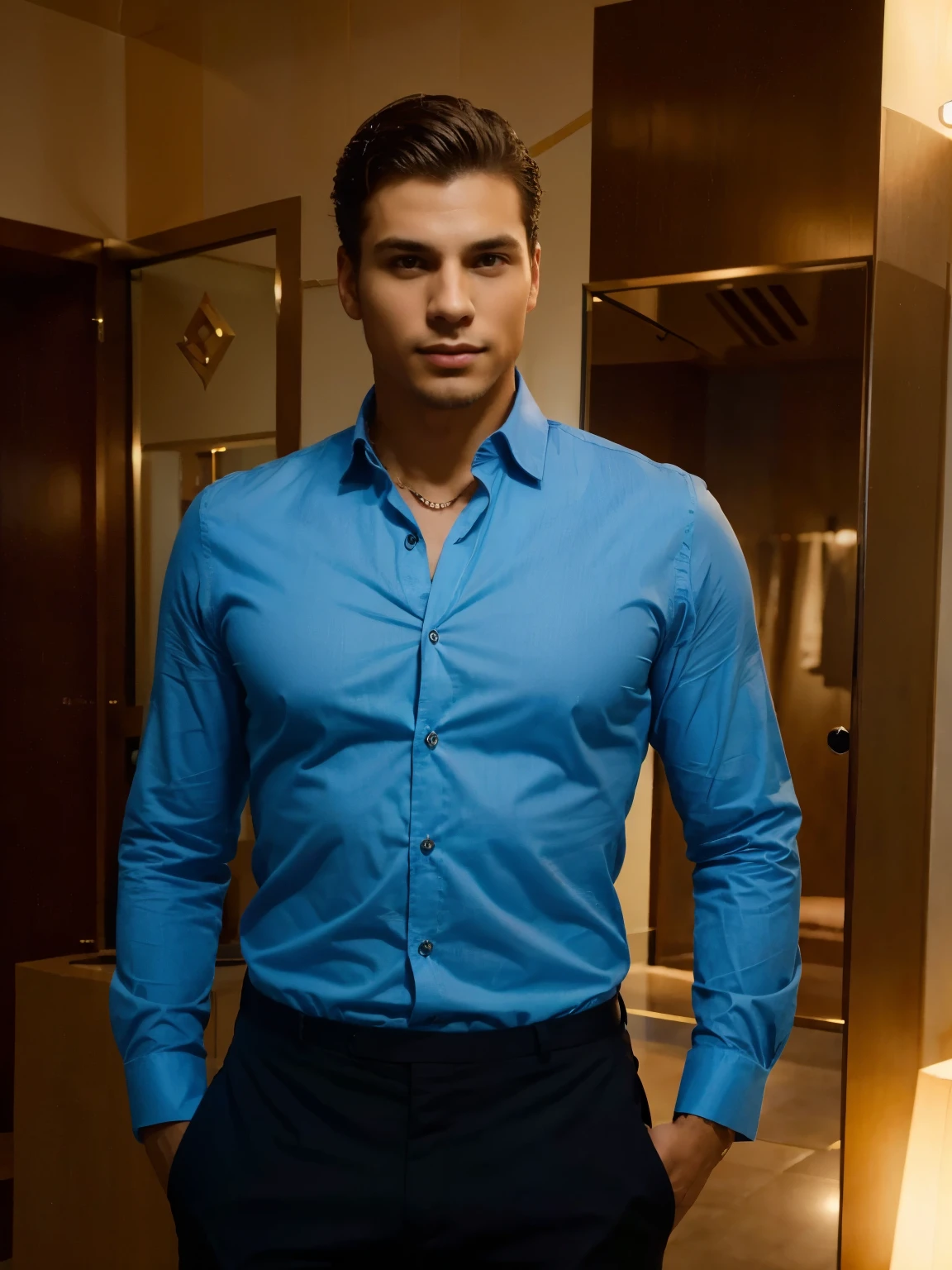 a young man in the bedroom, sitting, blue blouse, black shorts, body facing forward, looking at the camera, close-up image, background of a wardrobe, realistic, hd, 8k