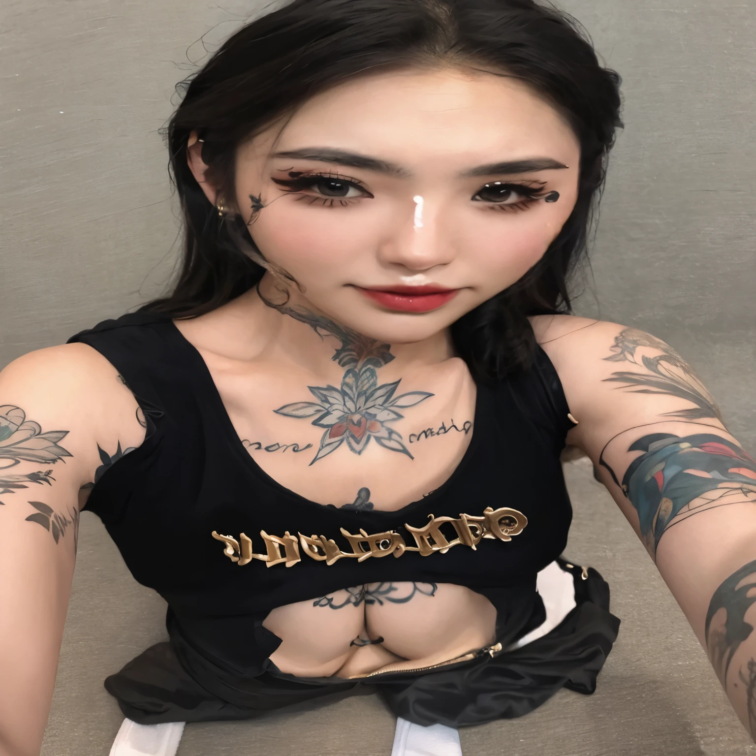 a close-up of a woman with tattoos on her arms, cruel korean goth girl, tatuado, de garota taiwanesa com tatuagens, estrela matadora, kanliu666, estilo de tinta, com tatuagem facial, ela parece uma mistura de sujeira, Tatuado, garota magra da yakuza, goth girl aesthetic, com tatuagens de runas no rosto, gothic aesthetic