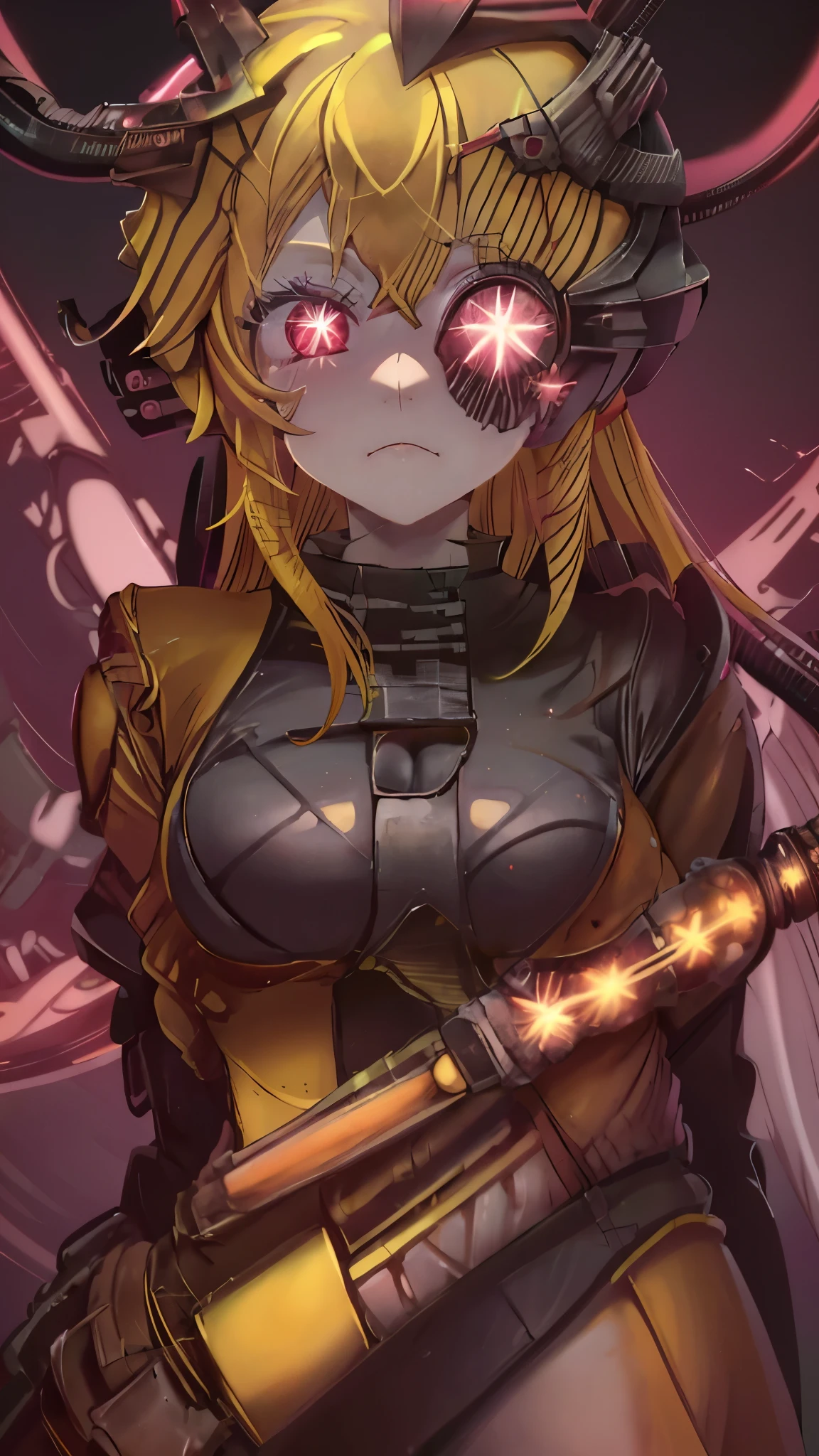 ruby hoshino, (yellow hair:1.5), long hair, one side up, (pink eyes:1.5), sidelocks, (star-shaped pupils:1.5), (symbol-shaped pupils:1.5), (mismatched pupils:1.5), borg cyborg bald gray skin veins metal armor cable eyepatch deadpan expression