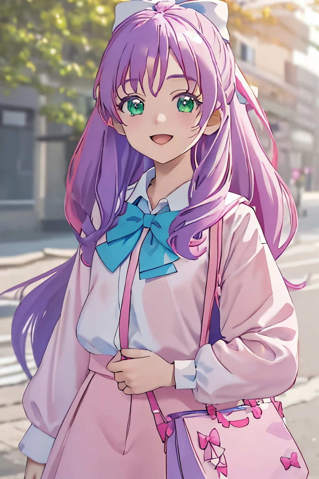 best quality, masterpiece, highres, solo, {cure_prism_hirogaruskyprecure:1.15}, long_hair, green_eyes, pink_hair, bow, open_mouth, bangs, smile, white_bow, 2girls, :o, blue_hair, bowtie, multiple_girls, sailor_collar, outdoors, school_uniform, white_bowtie, bag, blurry, blurry_background, parody, pink_shirt, shirt