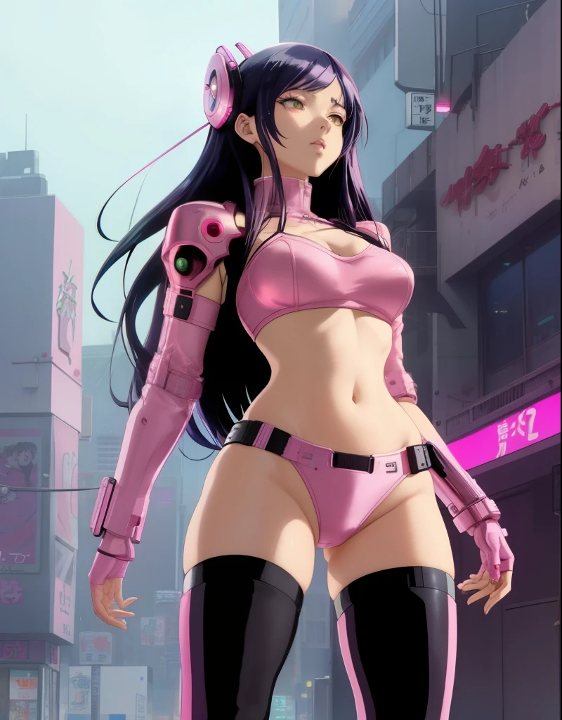 une femme dans une tenue rose et des bottes noires debout dans une ville, female cyberpunk anime girl, cyberpunk anime girl, anime cyberpunk moderne, seductive anime girl, fille anime d&#39;female action, animated cyberpunk art, cyberpunk anime girl mech, anime cyberpunk, oppaï cyberpunk, Inspiré par Masamune Shirow, cyberpunk anime art, anime fille du futur