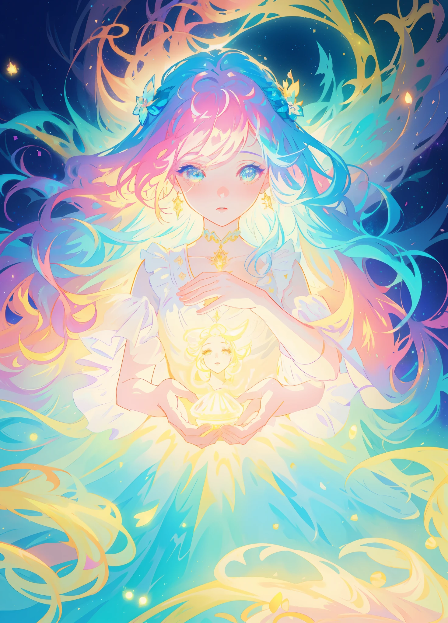 beautiful girl, puffy tiered layered ballgown, magical forest, vibrant pastel colors, (colorful), glowing golden long hair, magical lights, sparkling magical liquid, inspired by Glen Keane, inspired by Lois van Baarle, disney art style, by Lois van Baarle, glowing aura around her, by Glen Keane, jen bartel, glowing lights! digital painting, flowing glowing hair, glowing flowing hair, beautiful digital illustration, fantasia background, whimsical, magical, fantasy, ((beautiful face)), ((masterpiece, best quality)), intricate details, highly detailed, sharp focus, 8k resolution, sparkling detailed eyes, liquid watercolor
