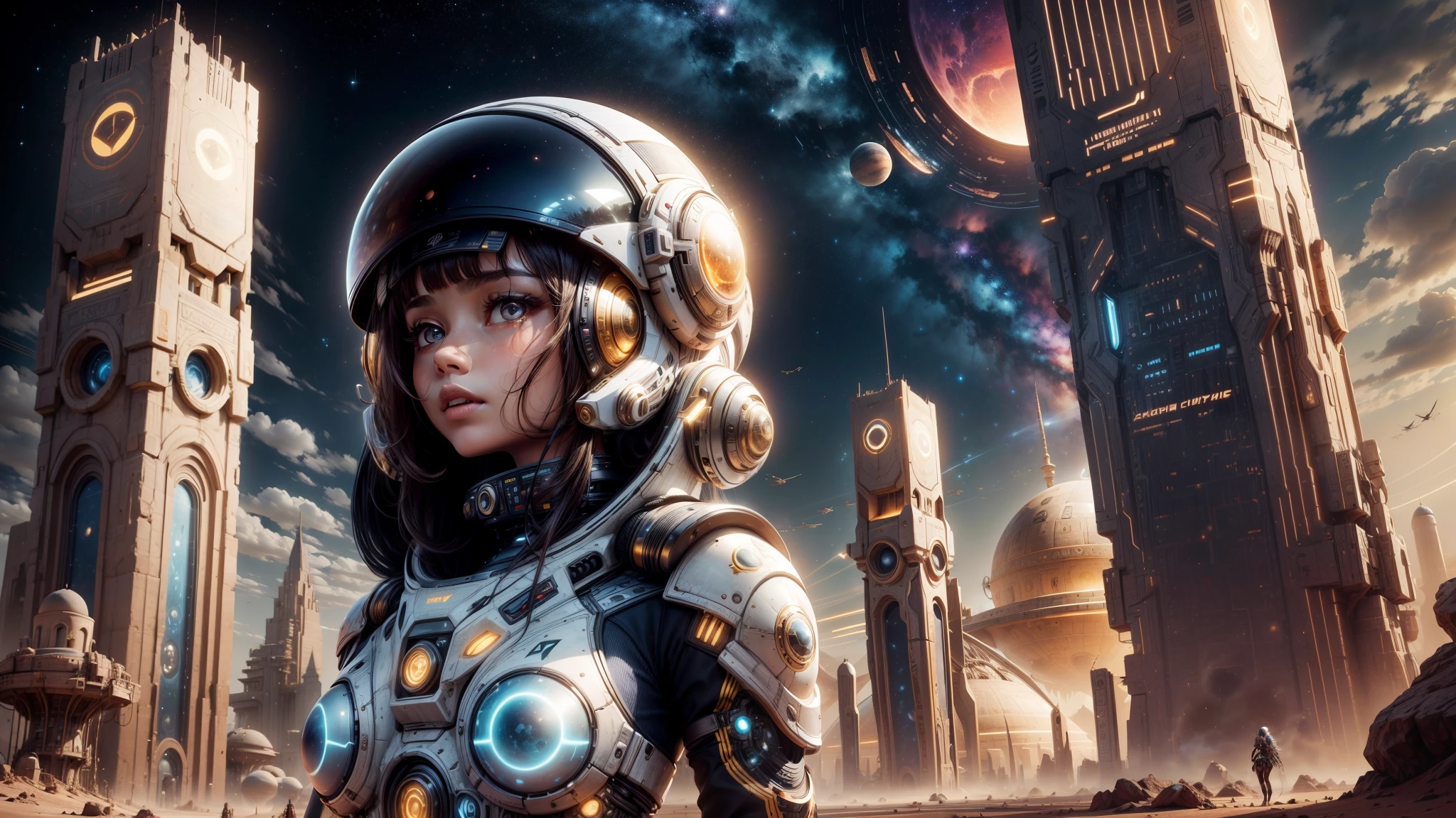 "((Techno-chic girl)) in Egypt Cyberstyle attire, surrounded by a surreal space landscape with fantastic planets, bathed in the cosmic glow of the golden hour, ((cybernetic elements)), ((rule of thirds)), ((futuristic masterpiece)), detailed, (best quality)