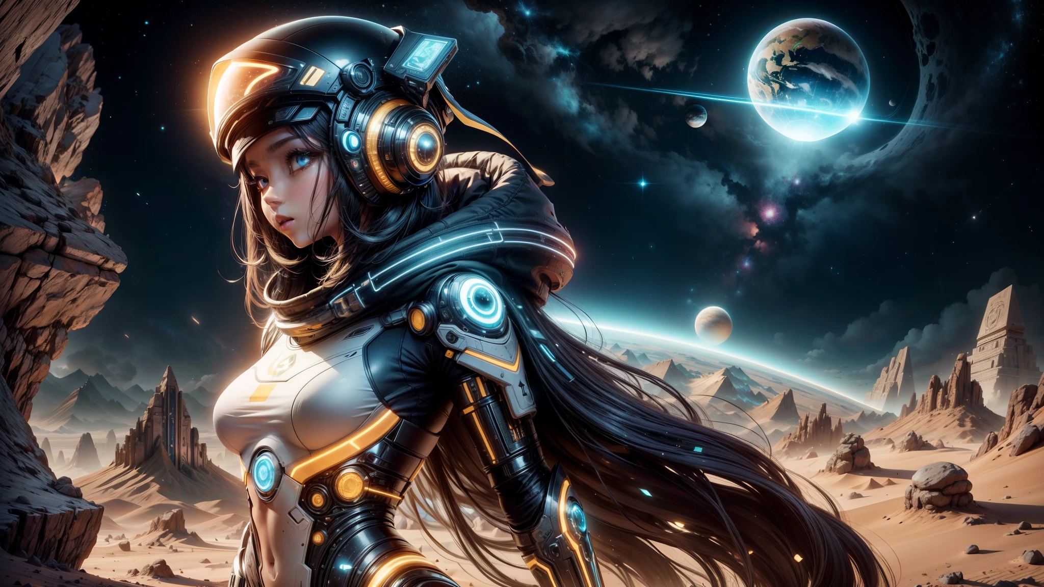 "((Techno-chic girl)) in Egypt Cyberstyle attire, surrounded by a surreal space landscape with fantastic planets, bathed in the cosmic glow of the golden hour, ((cybernetic elements)), ((rule of thirds)), ((futuristic masterpiece)), detailed, (best quality)