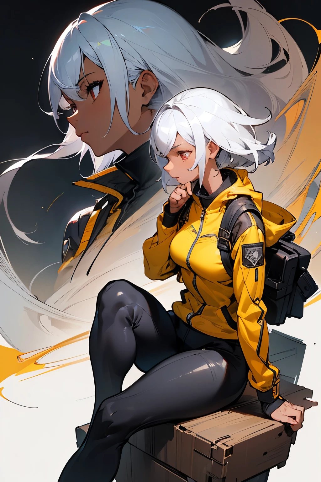 Muscular black woman in skin tight clothes, white hair, tight yellow jacket, red eyes, black cargo pant, AB Xcover, intricate pencil sketch, expressive eyes and nose and mouth, un-zoom, by Jim Lee profile centered Key visual intricate highly detailed breathtaking precise lineart vibrant panoramic cinematic, sitting, dynamic pose, white background