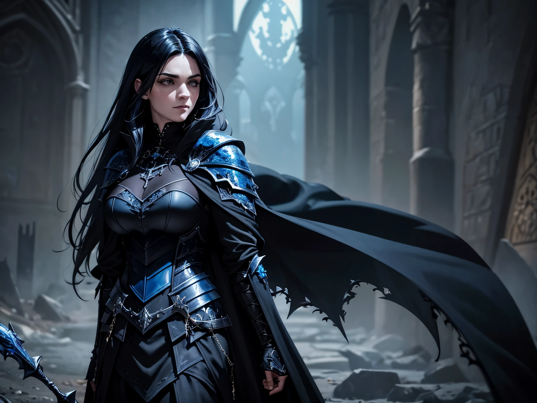 An adult vampire wizard character wearing very detailed and beautiful gothic armor in black and blue colors. Seu cabelo cortado em estilo curto, cor de batom preto, cor roxa dos olhoanto, capuz, caminhando, 8K, magnificent, Black and blue gothic armor, flowing cape, petrol choir