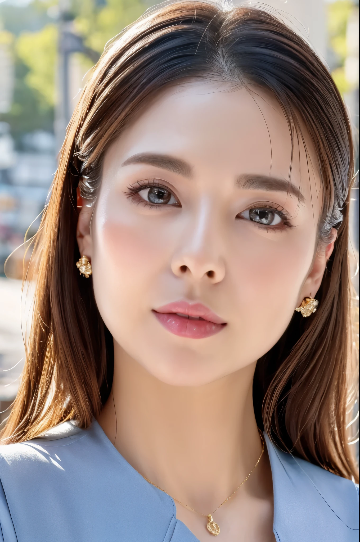 8K, ultra-detailliert, masterpiece, top-quality, Photorealsitic, Detailed face, Detailed eyes, 30-years-old woman, 1 person, Cute face, The lower lip is thick and plump, Facing the front, Nice Body, (Look at viewers), Gorgeous hairstyle, thin clothes, well-shaped bust