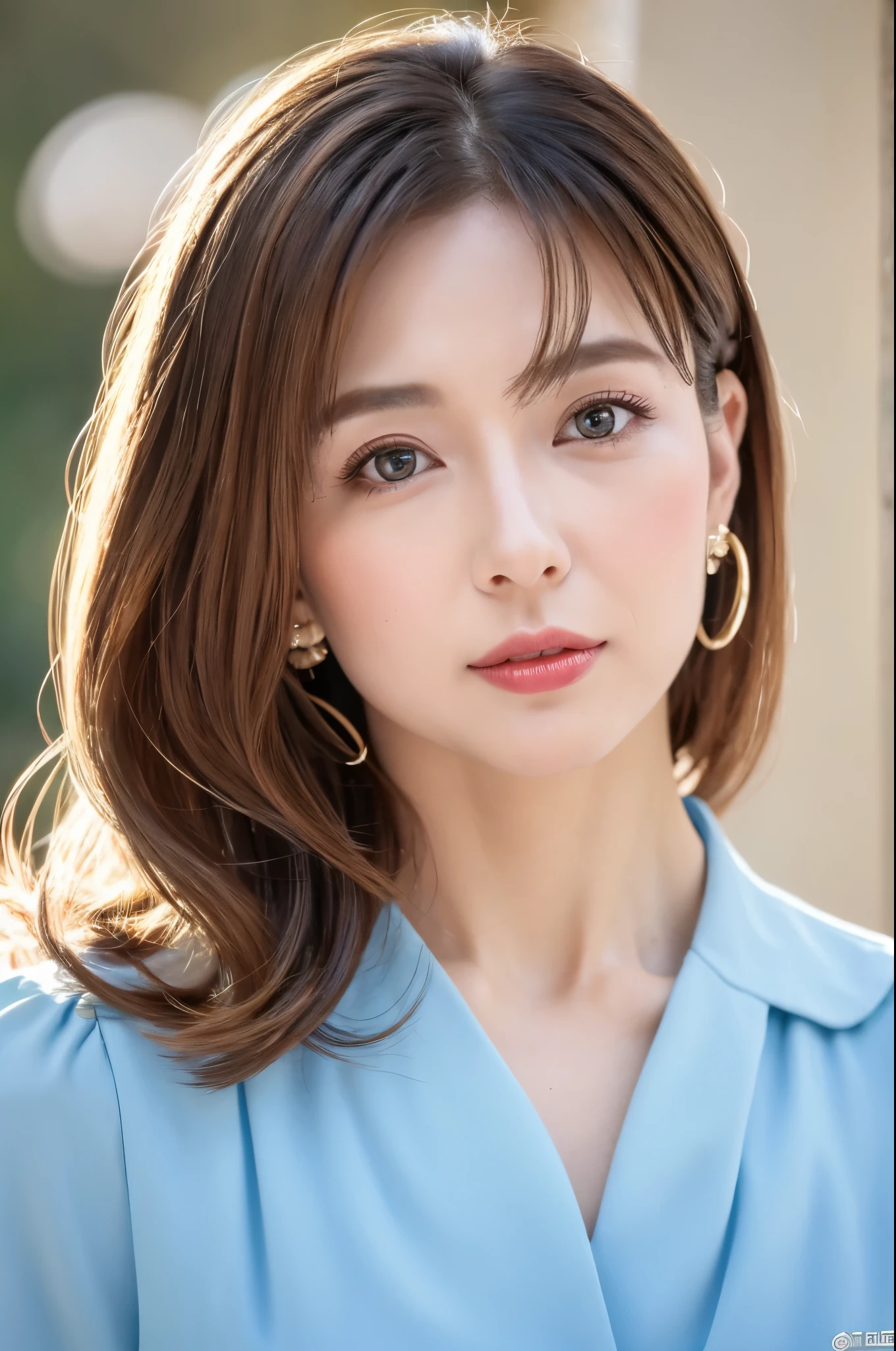8K, ultra-detailliert, ​masterpiece, top-quality, Photorealsitic, Detailed face, Detailed eyes, 30-years-old woman, 1 person, Cute face, The lower lip is thick and plump, Facing the front, Nice Body, (Look at viewers), Gorgeous hairstyle, thin clothes, well-shaped bust