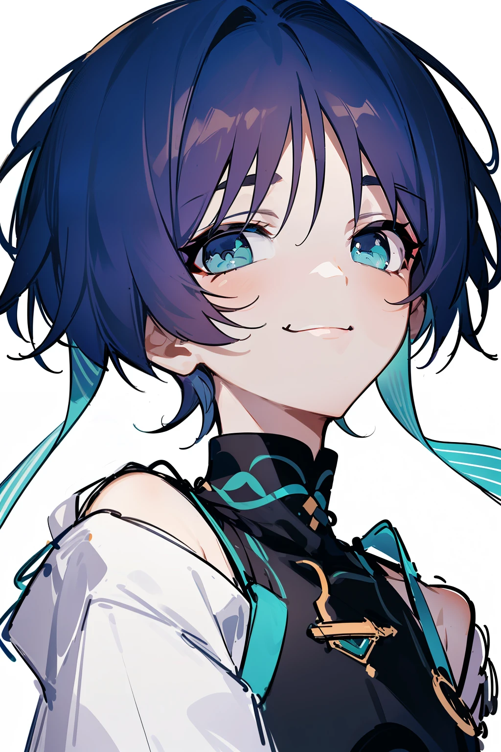 best quality, high resolution, clean background, high contrast, 1 boy, line-drawing, sketch, ((tight medium shot))), white background, clean line drawings, (fringe hairstyle), (naughty face), smile face, (((turtleneck))), (((blue-haired)))), (Mashed Hair), ((blue eyescolor:1.5)), white skin,