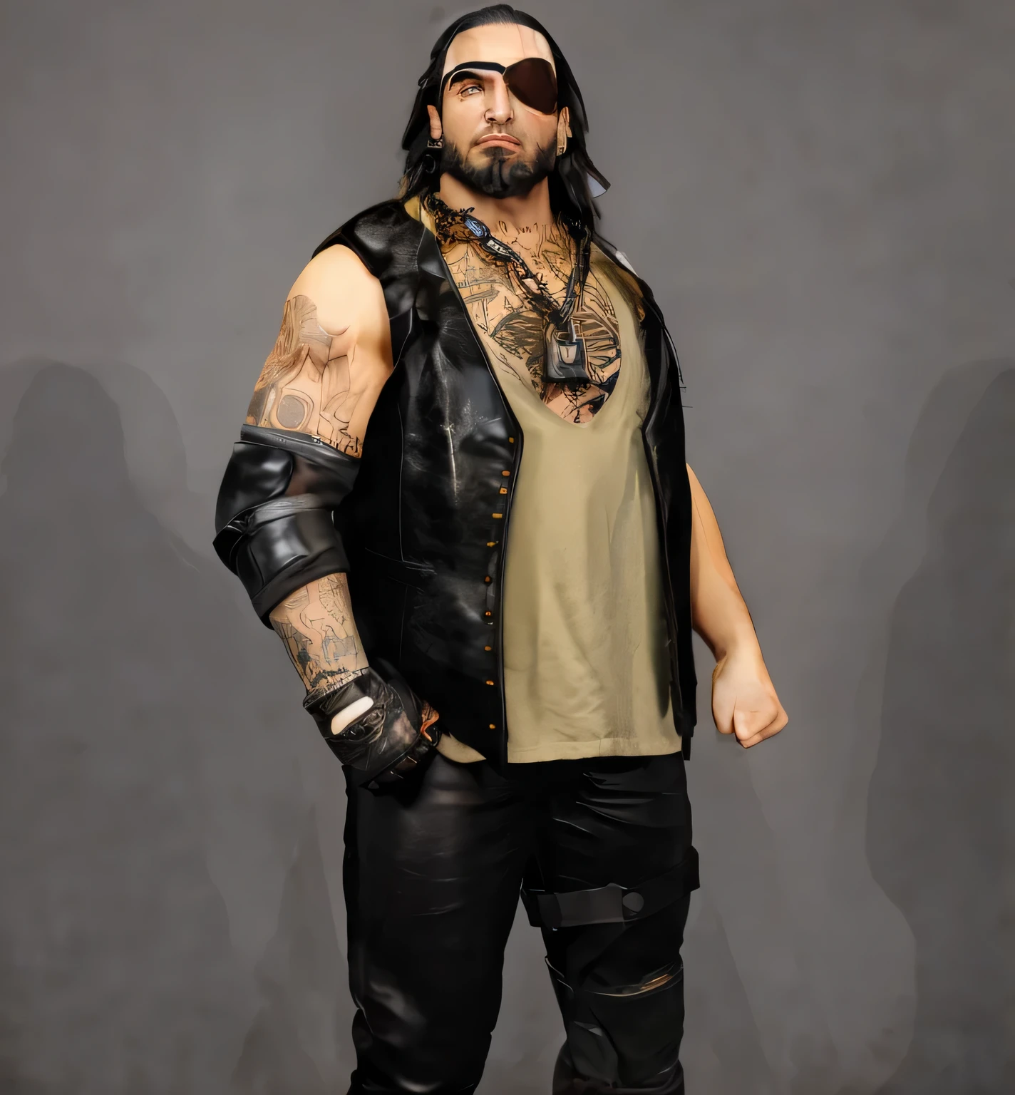 ((masterpiece, best quality)), caucasian man with long black hair scruffy bead and sideburns with a beard and black leather black leather gloves biker vest black leather pants posing for a picture, metal knee brace, elbow wrestling pad biker outfit, metal chain and padlock necklace, tattoos on body eye patch on eye highly detailed character, male character, male with dark yellow cloth shirt shirt, biker, heavy looking, highly detailed full body, full body character, cinematic full character, photo realistic, intricate details