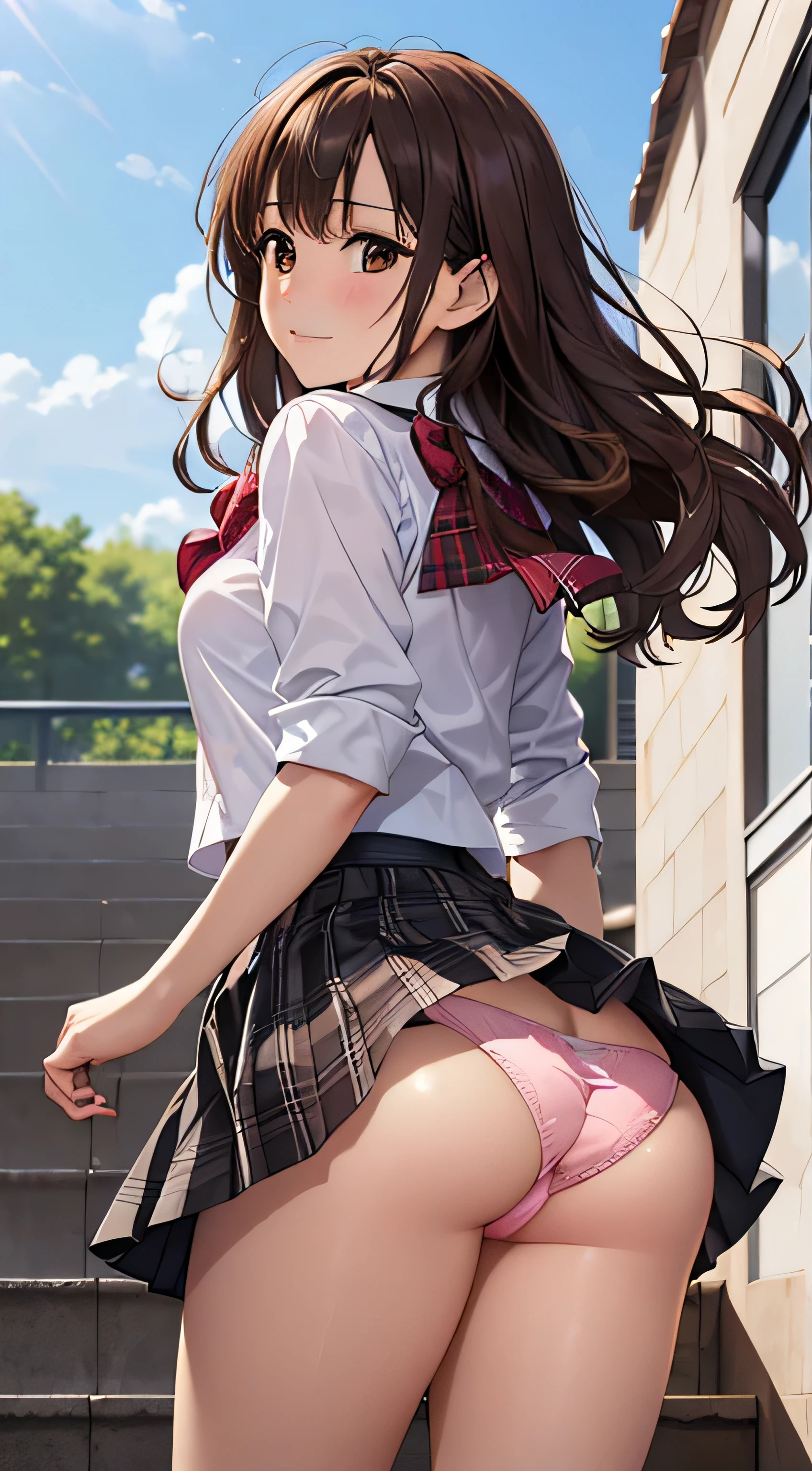 ((table top, highest quality, High resolution, nffsw, perfect pixel,  4k, nffsw, nffsw))), 1 girl, single, alone, Beautiful woman、I could see the whole body、 ((short wavy hair, bangs, brown hair)), ((brown eyes, beautiful eyelashes, realistic eyes)), ((detailed face, blush:1.2)), ((smooth texture:0.75, realistic texture:0.65, realistic:1.1, Anime CG style)), medium breasts, dynamic angle, perfect body,  ((red bow tie, school uniform, , white shirt, black skirt, plaid skirt))、station stairs、It&#39;s windy、Very embarrassing panic smile、I can see her ass sticking out in front of me...............、leaning forward、emphasize the chest、Angle looking up from the bottom of the stairs、 (the wind lifted my skirt、touch the skirt with both hands、、I can see all your butts、light pink floral panties)、