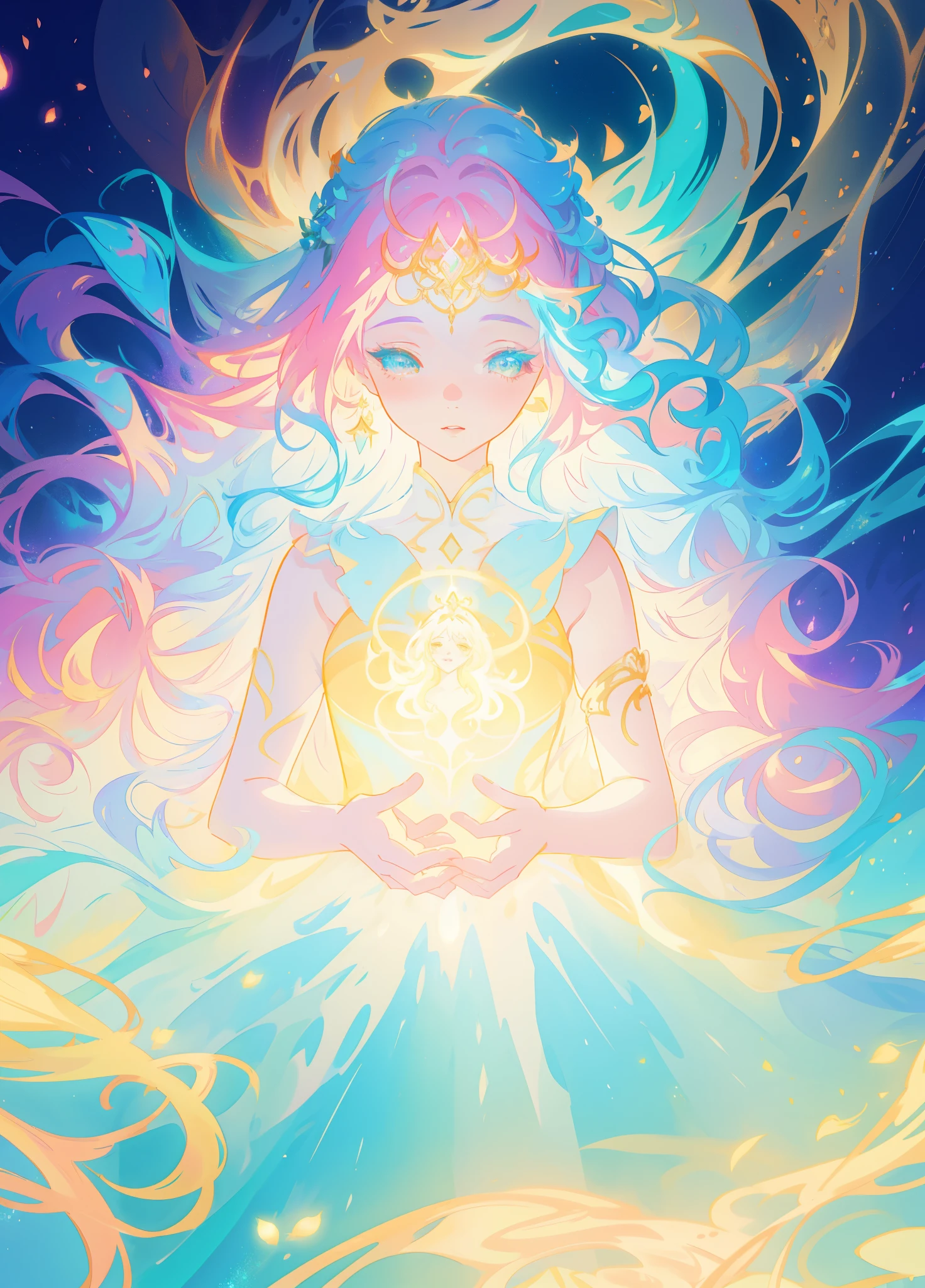 beautiful girl, puffy tiered layered ballgown, magical forest, vibrant pastel colors, (colorful), glowing golden long hair, magical lights, sparkling magical liquid, inspired by Glen Keane, inspired by Lois van Baarle, disney art style, by Lois van Baarle, glowing aura around her, by Glen Keane, jen bartel, glowing lights! digital painting, flowing glowing hair, glowing flowing hair, beautiful digital illustration, fantasia background, whimsical, magical, fantasy, ((beautiful face)), ((masterpiece, best quality)), intricate details, highly detailed, sharp focus, 8k resolution, sparkling detailed eyes, liquid watercolor