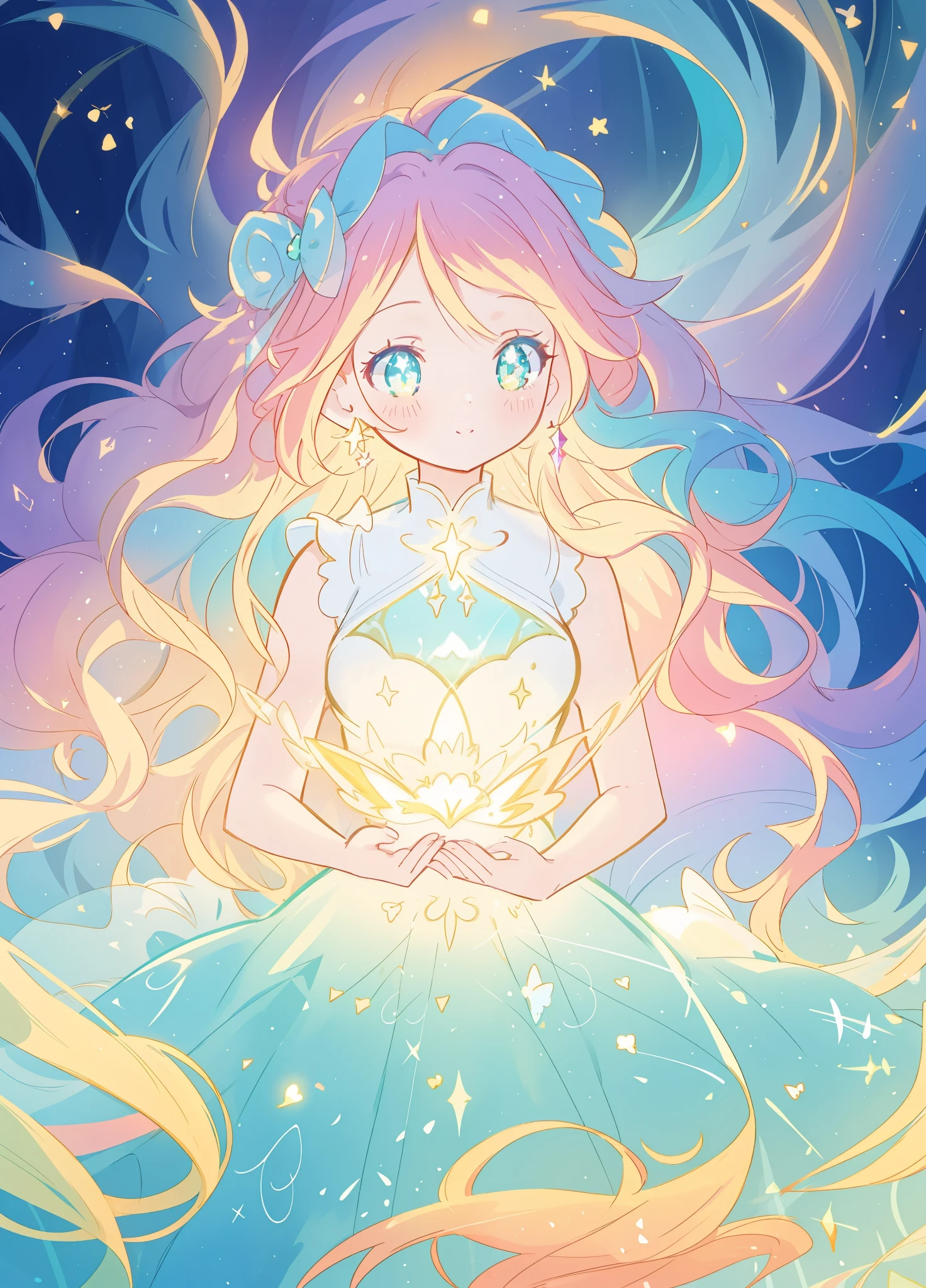 beautiful girl, puffy tiered layered ballgown, magical forest, vibrant pastel colors, (colorful), glowing golden long hair, magical lights, sparkling magical liquid, inspired by Glen Keane, inspired by Lois van Baarle, disney art style, by Lois van Baarle, glowing aura around her, by Glen Keane, jen bartel, glowing lights! digital painting, flowing glowing hair, glowing flowing hair, beautiful digital illustration, fantasia background, whimsical, magical, fantasy, ((beautiful face)), ((masterpiece, best quality)), intricate details, highly detailed, sharp focus, 8k resolution, sparkling detailed eyes, liquid watercolor