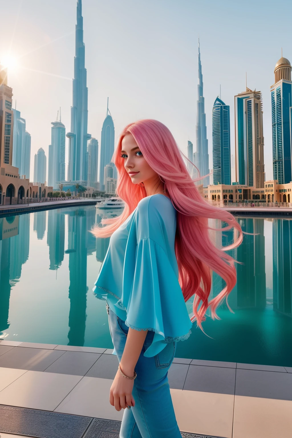 A charming girl with vibrant pink hair and captivating blue eyes strolls along the clear background of Dubai's bustling streets. Her hair cascades down in soft waves, reflecting the sunlight in its radiant hues. Her eyes sparkle with a playful expression, showcasing their mesmerizing depth and intricate blue details. Her outfit is casual yet stylish, suited for the city's atmosphere. As she walks, her every feature is highlighted by the sun, creating a truly enchanting scene in this High-Definition, high-resolution image. The background, adorned with the city's iconic architecture and scenic landscapes, adds an element of wonder and all