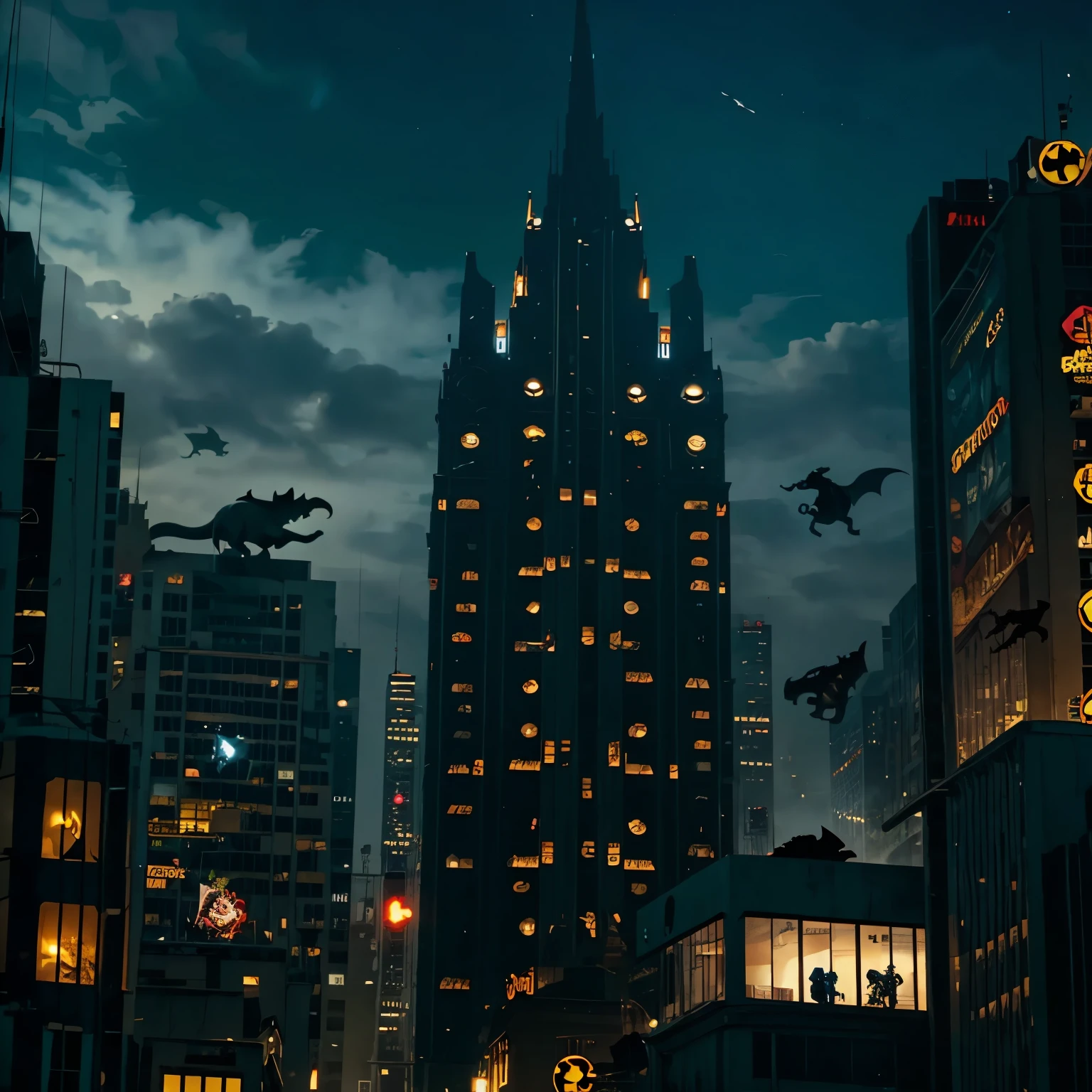 Mario on a building and Batman on another building with dinosaurs in the middle movie poster