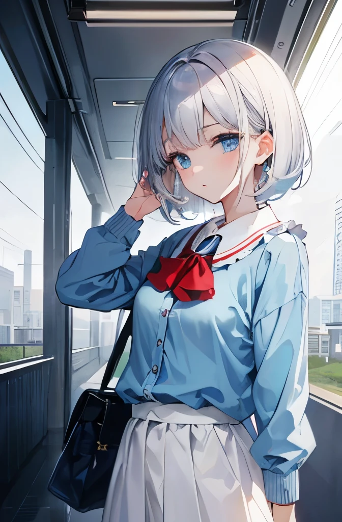 ８K, highest quality, masterpiece, super detailed、silver hair、short hair、medium breasts、、full lips、　best quality、、pale blue eyes、put your hands behind your back、lipstick、cute personal clothes、on the train、has a small pouch、looking away、　ear cuffs、 　holding onto a strap、　blue cardigan、Are standing、back view、facing backwards、arms raised、