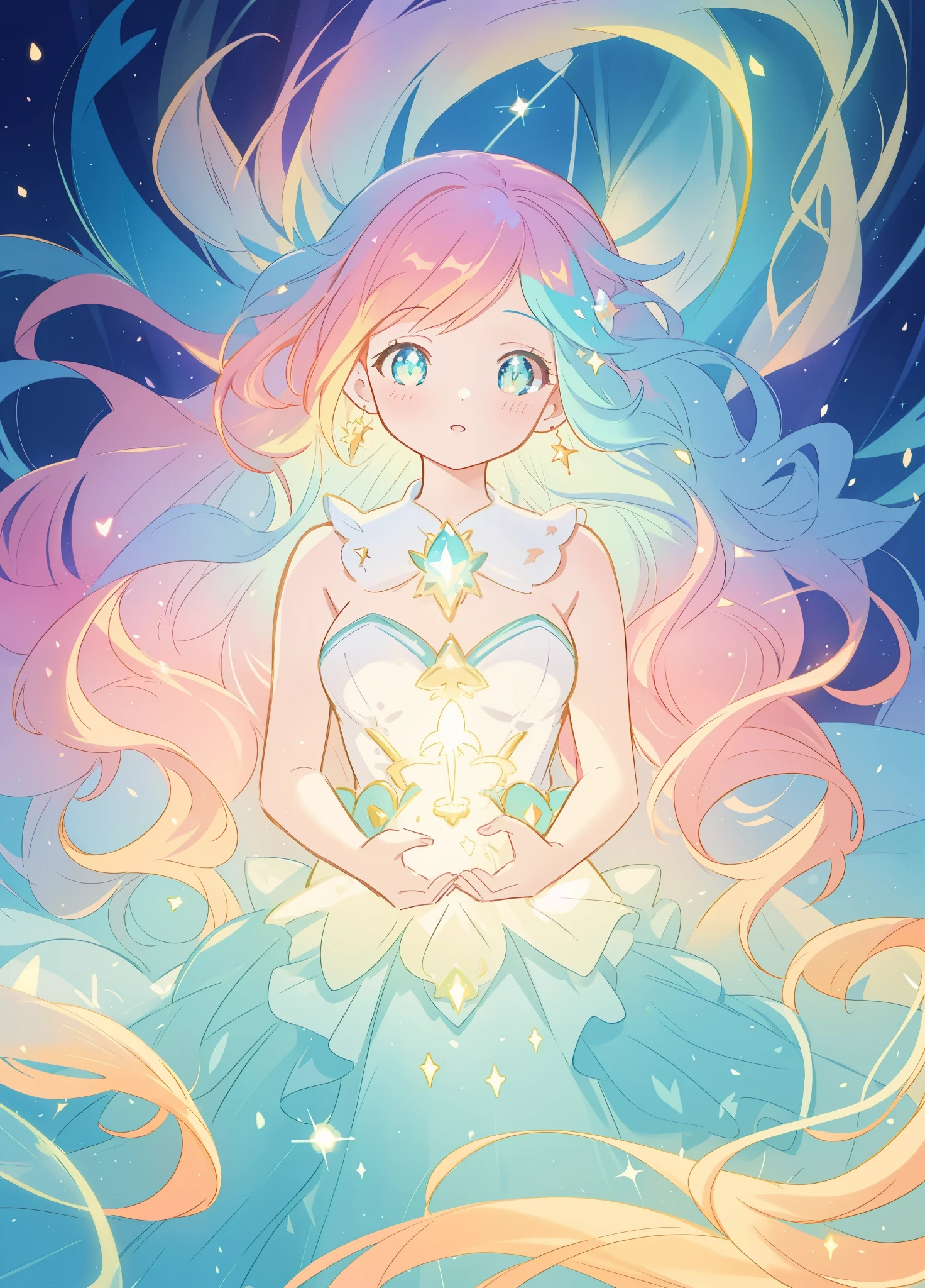 beautiful girl, puffy tiered layered ballgown, magical forest, vibrant pastel colors, (colorful), glowing golden long hair, magical lights, sparkling magical liquid, inspired by Glen Keane, inspired by Lois van Baarle, disney art style, by Lois van Baarle, glowing aura around her, by Glen Keane, jen bartel, glowing lights! digital painting, flowing glowing hair, glowing flowing hair, beautiful digital illustration, fantasia background, whimsical, magical, fantasy, ((beautiful face)), ((masterpiece, best quality)), intricate details, highly detailed, sharp focus, 8k resolution, sparkling detailed eyes, liquid watercolor