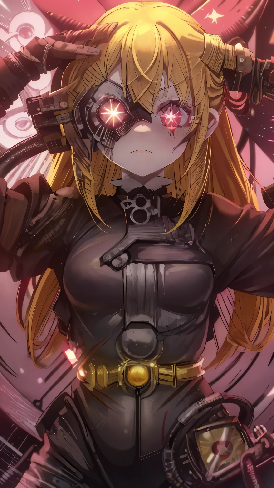 ruby hoshino, (yellow hair:1.5), long hair, one side up, (pink eyes:1.5), sidelocks, (star-shaped pupils:1.5), (symbol-shaped pupils:1.5), (mismatched pupils:1.5), borg cyborg bald gray skin veins metal armor cable eyepatch deadpan expression