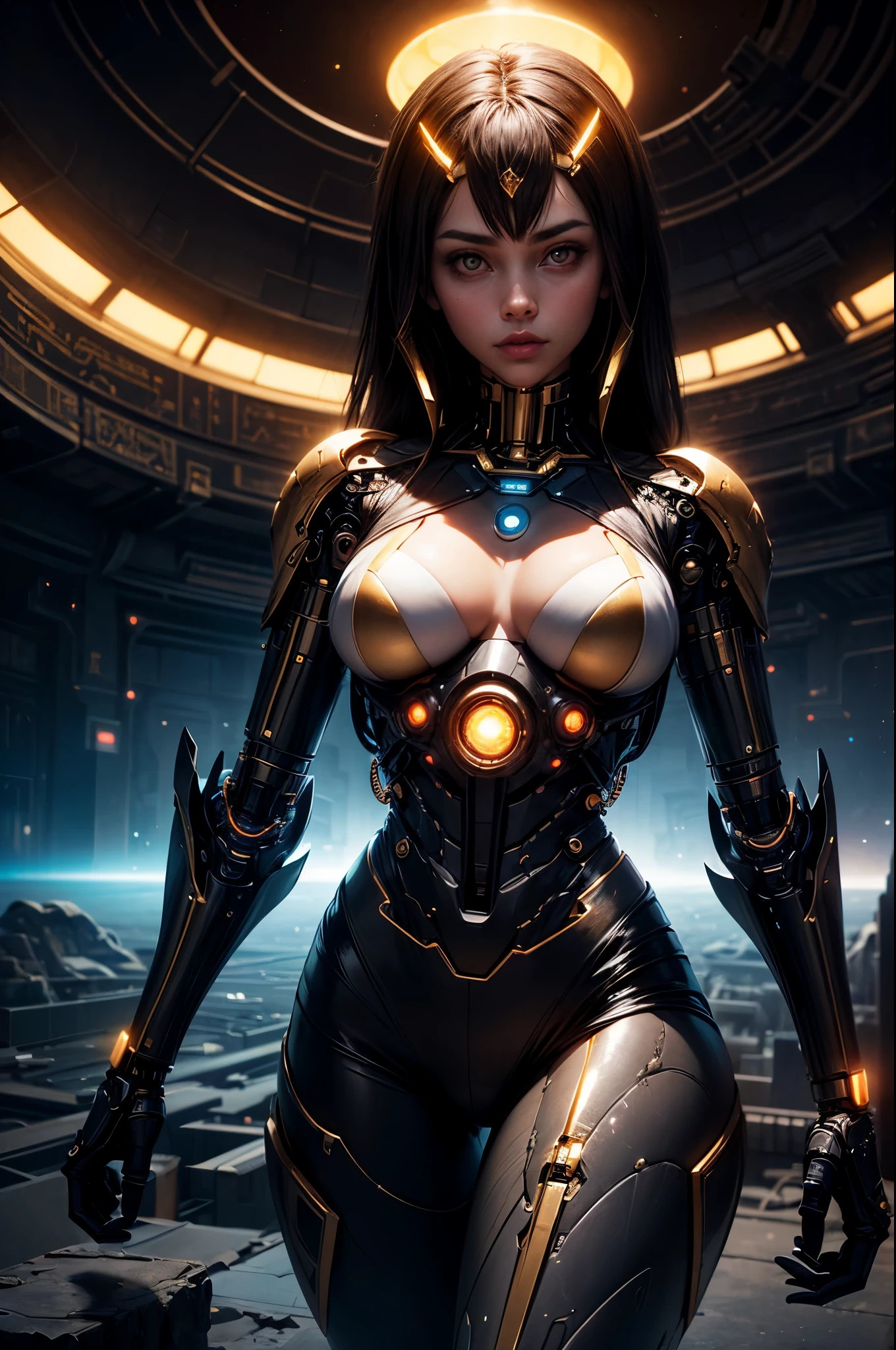 "((Techno-chic girl)) in Egypt Cyberstyle attire, surrounded by a surreal space landscape with fantastic planets, bathed in the cosmic glow of the golden hour, ((cybernetic elements)), ((rule of thirds)), ((futuristic masterpiece)), detailed, (best quality)