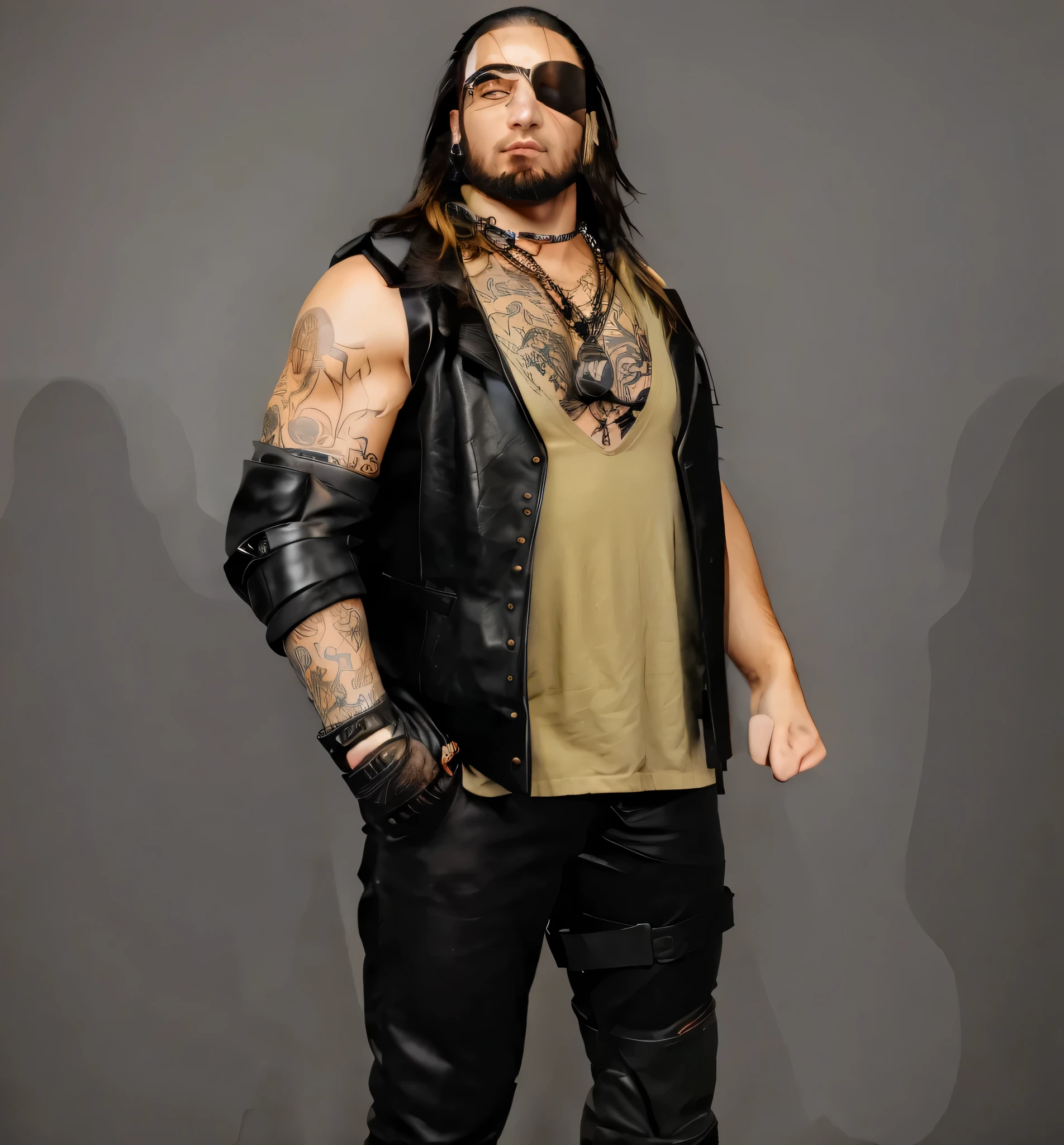 ((masterpiece, best quality)), caucasian man with long black hair scruffy bead and sideburns with a beard and black leather black leather gloves biker vest black leather pants posing for a picture, metal knee brace, elbow wrestling pad biker outfit, metal chain and padlock necklace, tattoos on body eye patch on eye highly detailed character, male character, male with dark yellow cloth shirt shirt, biker, heavy looking, highly detailed full body, full body character, photo realistic, intricate details