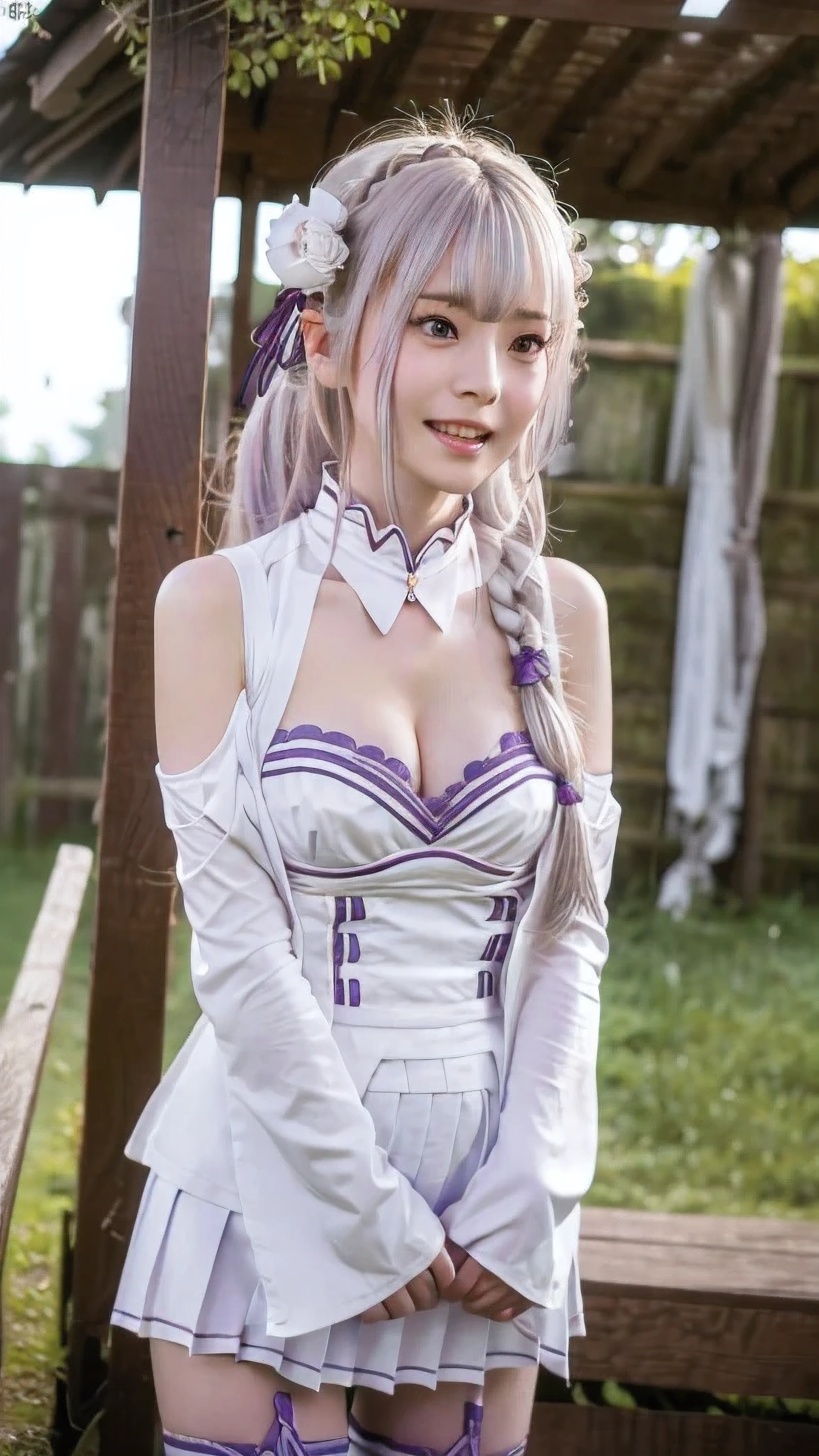 （lifelike， High resolution：1.3）， 1 Girl with perfect body， highly detailed face and eyes，long hair， ， big ，expose cleavage,emilia \(Also:zero\), hair ornaments, 1 girl, long hair, bangs, Thighhighs, flower, hair flower, Braid, pointy ears, purple eyes, hair ribbon, pleated skirt, ribbon, bAlsoasts, medium bAlsoasts, white flower, skirt, removed sleeve, miniskirt, blunt bangs, boots, baAlso shoulders, white legwear, wide sleeve, smile, looking at the viewer, cleavage, outdoors, blush, eyebrows visible through hair, purple ribbon, silver hair, thigh boots, very long hair, dAlsoss, low-tied long hair, Day, zettai ryouiki, alone, open your mouth, clenched hands,masterpiece, highest quality, High resolution,live action,Have fun playing