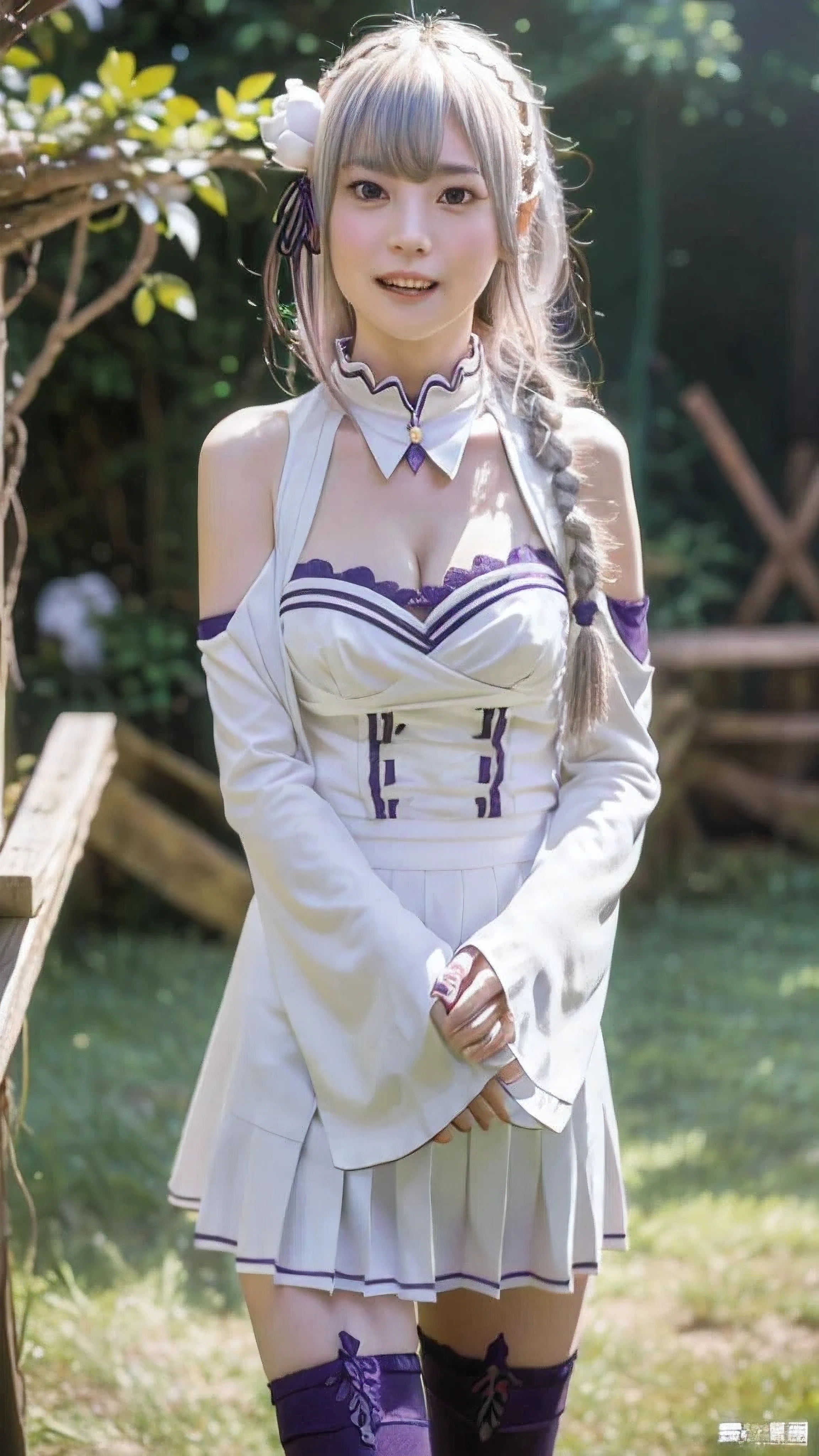 （lifelike， High resolution：1.3）， 1 Girl with perfect body， highly detailed face and eyes，long hair， ， big ，expose cleavage,emilia \(Also:zero\), hair ornaments, 1 girl, long hair, bangs, Thighhighs, flower, hair flower, Braid, pointy ears, purple eyes, hair ribbon, pleated skirt, ribbon, bAlsoasts, medium bAlsoasts, white flower, skirt, removed sleeve, miniskirt, blunt bangs, boots, baAlso shoulders, white legwear, wide sleeve, smile, looking at the viewer, cleavage, outdoors, blush, eyebrows visible through hair, purple ribbon, silver hair, thigh boots, very long hair, dAlsoss, low-tied long hair, Day, zettai ryouiki, alone, open your mouth, clenched hands,masterpiece, highest quality, High resolution,live action,Have fun playing