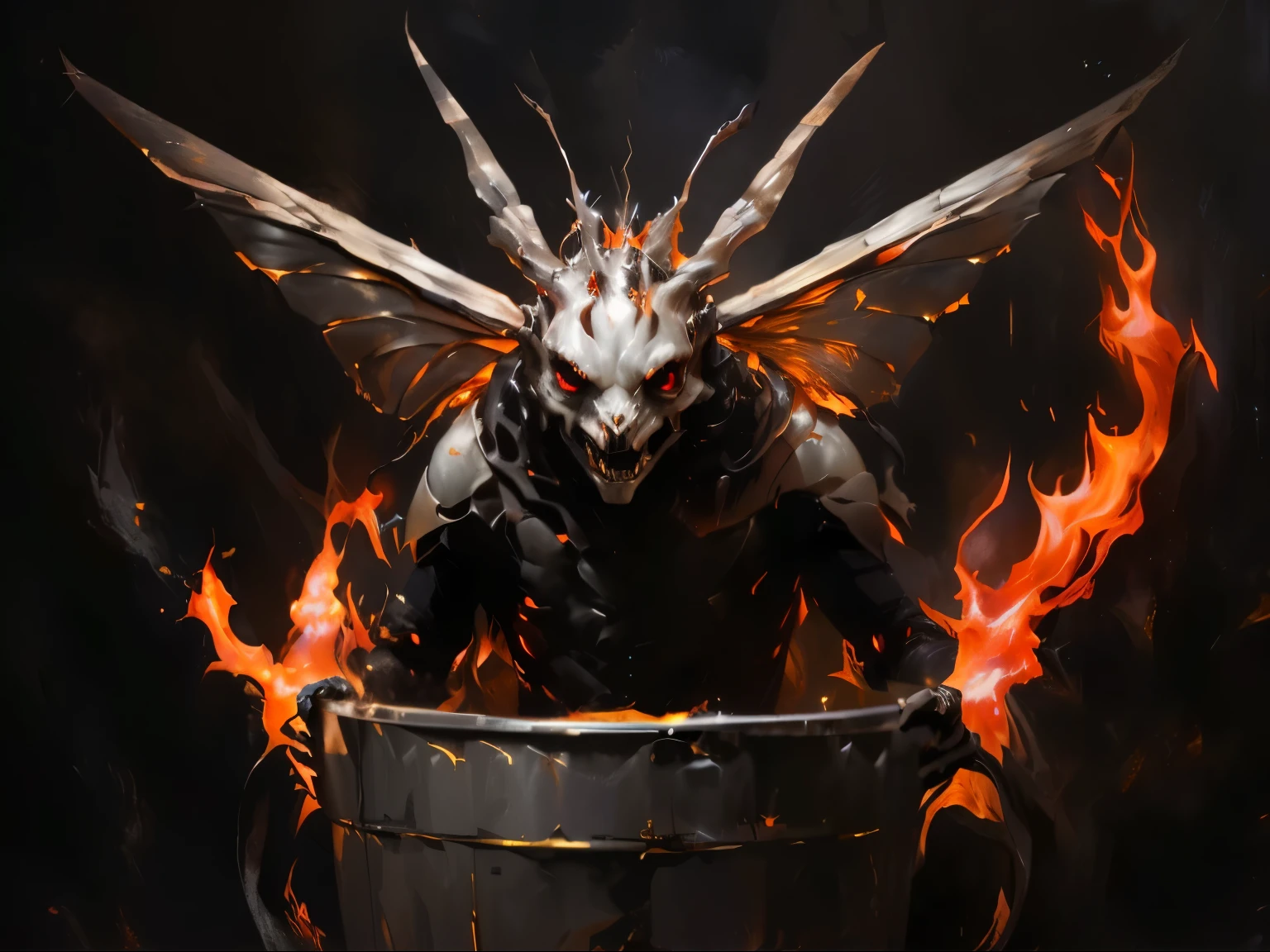 demonic creature with fire in a metal bucket on a dark background, dota 2 concept art, kitava insatiable hunger, fire demon, Artstation contest winner, demon soul concept art, by Adam Marczyński, kitava, ruler of inferno, by Aleksi Briclot, cgsociety contest winner!!!, magic the gathering concept art
