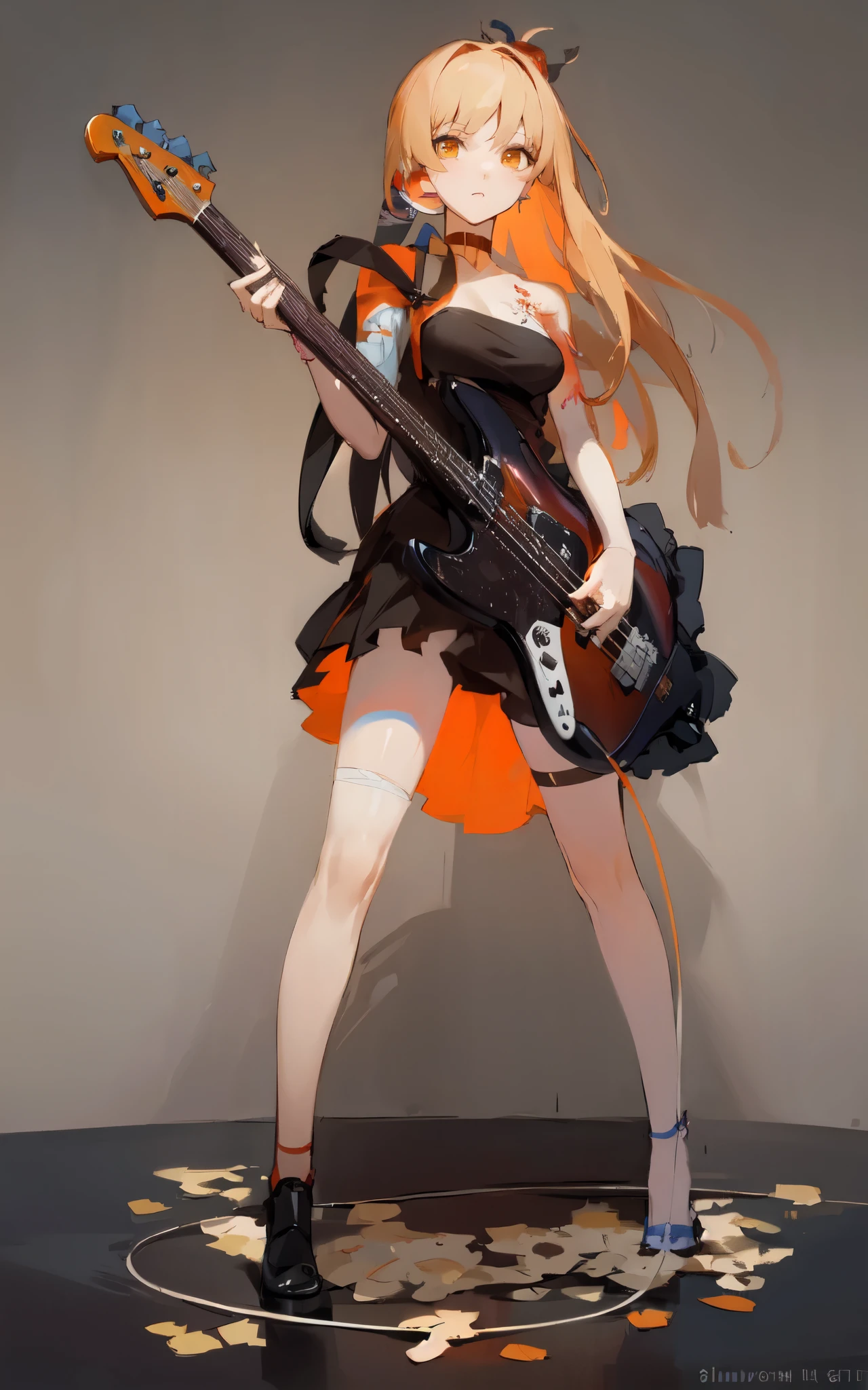 Yoimiya wearing an orange dress playing a Fender Jazz Bass