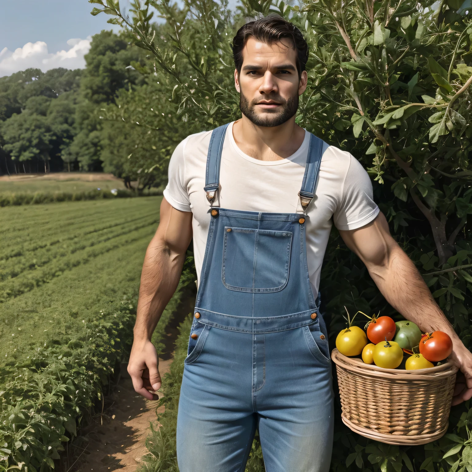 Qualidade de imagem ultra-alta, realistic and strong male characteristics, um homem inspirado em Henry Cavill como Wolverine, Homem musculoso, detailed venous muscles, a man in overalls a basket of tomatoes, wears dirty overalls, Wears overalls, blue jumpsuit, blue denim dresses overalls, fazendeiro alto, roupas de fazenda, extremely hot and sexy perfect abdomen, full body view (vista frontal), luz difusa, location: em uma fazenda em Plantations, foto colorida, (candid human pele), pele