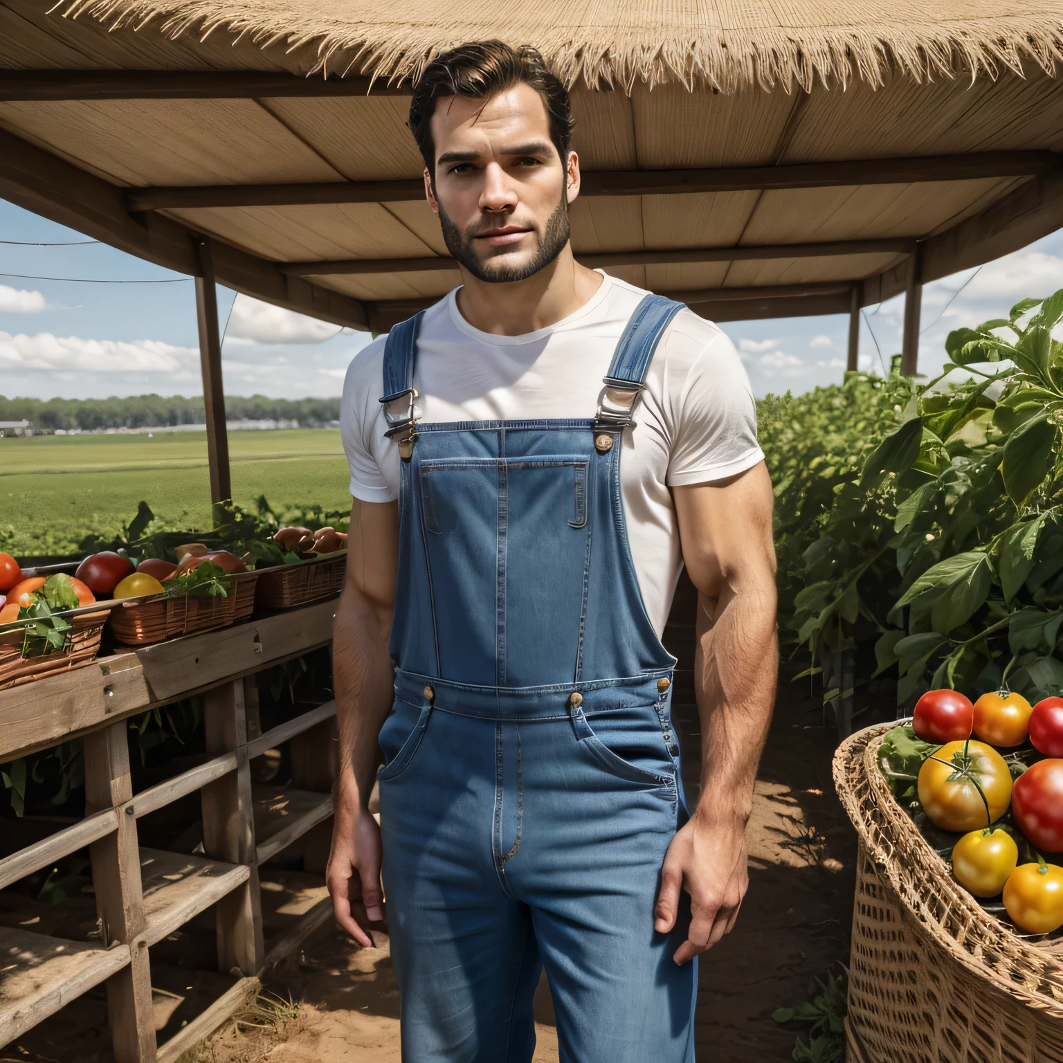 Qualidade de imagem ultra-alta, realistic and strong male characteristics, um homem inspirado em Henry Cavill como Wolverine, Homem musculoso, detailed venous muscles, a man in overalls a basket of tomatoes, wears dirty overalls, Wears overalls, blue jumpsuit, blue denim dresses overalls, fazendeiro alto, roupas de fazenda, extremely hot and sexy perfect abdomen, full body view (vista frontal), luz difusa, location: em uma fazenda em Plantations, foto colorida, (candid human pele), pele