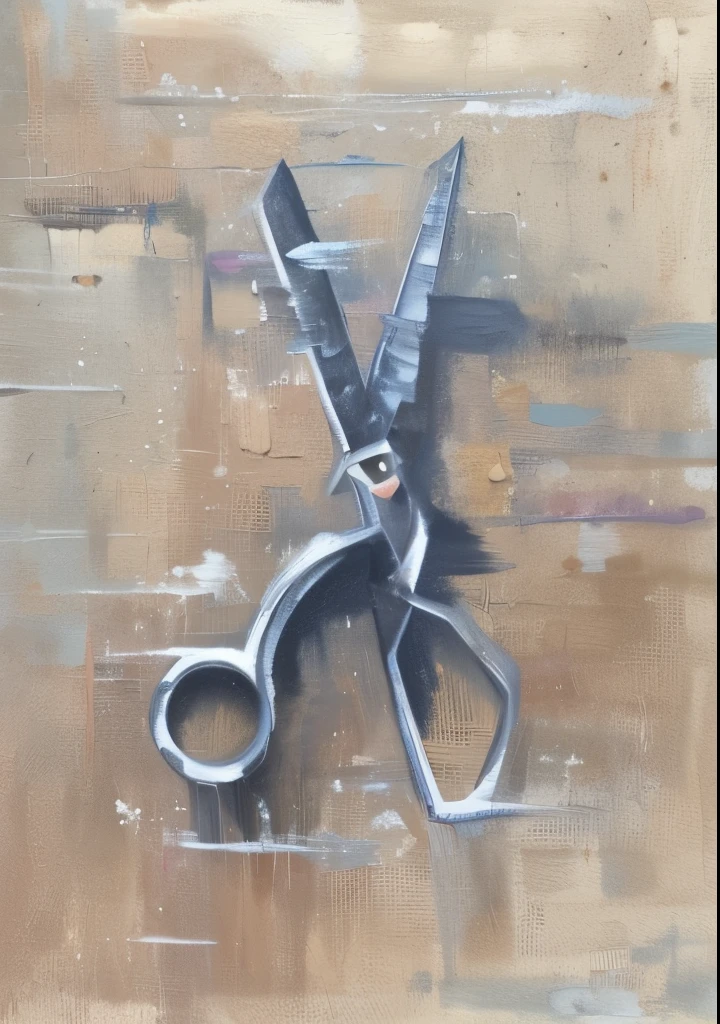 painting of a pair of tesoura on a brown background, tesoura, Tesoura, the god of small tesoura!!, faca de paleta, diamonds and tesoura, tesoura in hand, mixed media on toned paper, gintas galvanauskas. sharp focus, faca de pintura, ligeiramente abstrato, raspar, faca de paleta painting, oil on canvas sharp