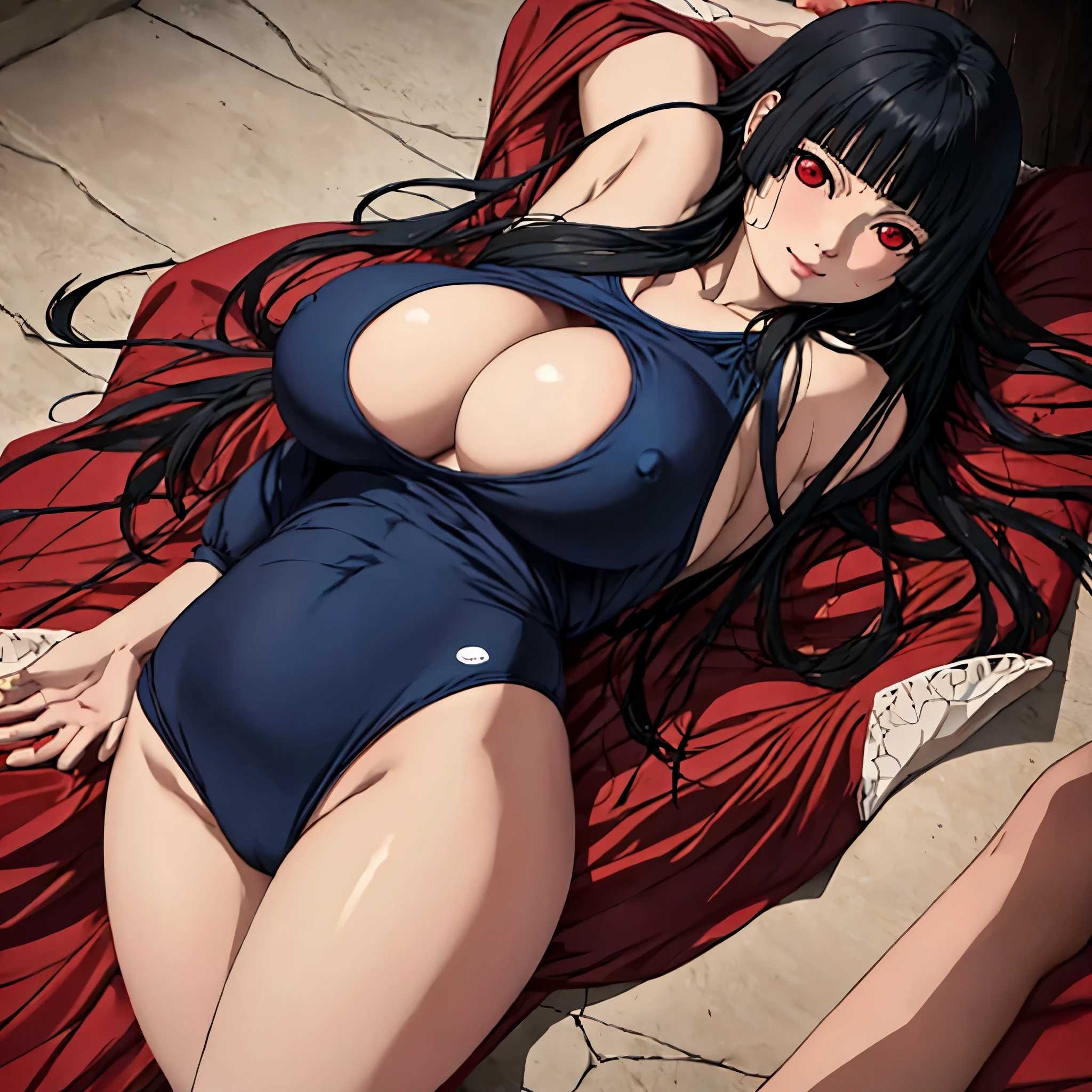 best quality,high quality,masterpiece,detailed,high resolution,sadistic smile、leaning forward、two big breasts、breasts of unusual size,、high quality、Mouth slightly open、show your breasts、sway、 bouncing、local sweating,masterpiece, blush、strong 、a shadow falls on my face、sexually aroused、big breasts、big breasts、High quality、beautiful、cheeks are red、red eyes、shiny skin、oil body、black hair、straight hair、dark blue color old shiny school swimsuit, dark blue color old shiny one piece swimsuit、profuse sweat body、profuse sweat clothes