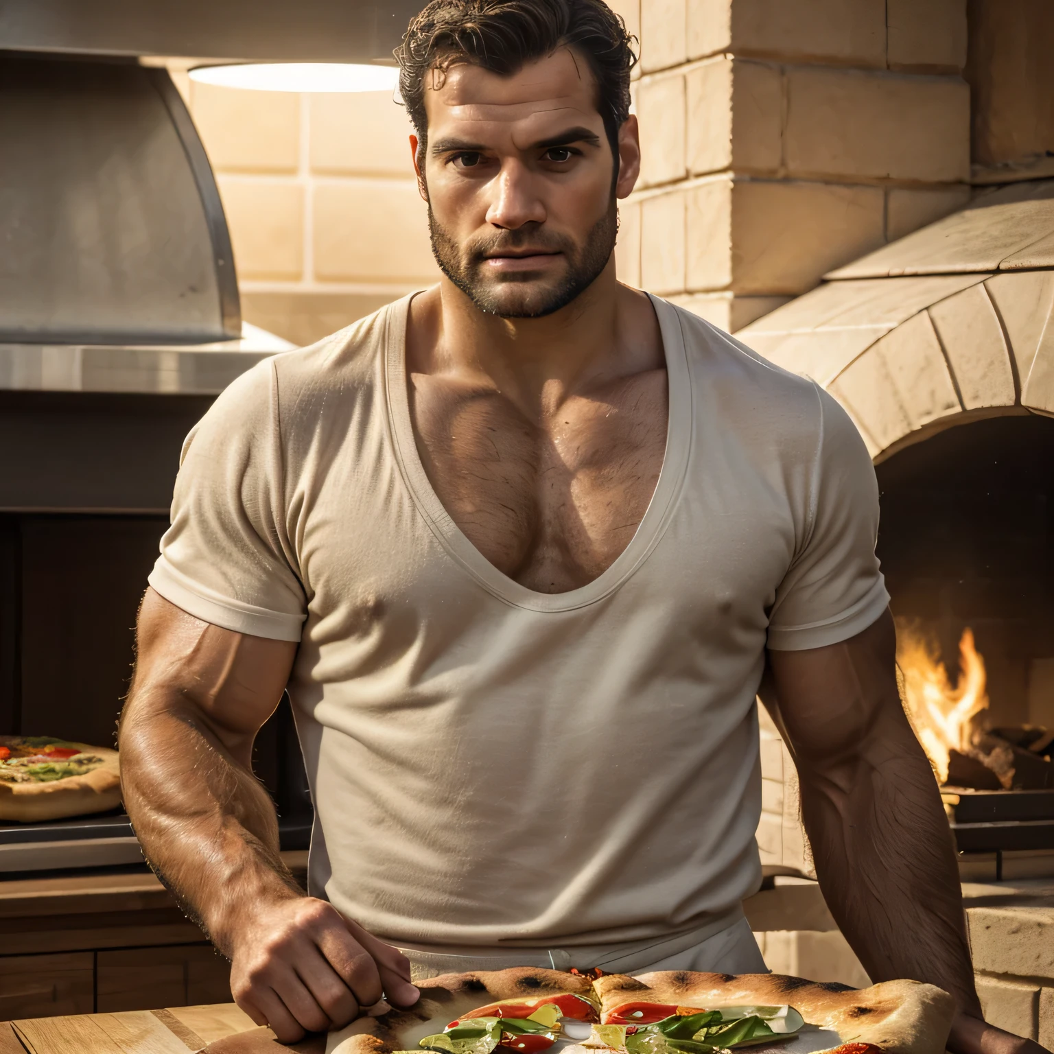 Qualidade de imagem ultra-alta, realistic and strong male characteristics, um homem inspirado em Henry Cavill como Wolverine, Homem musculoso, detailed vein muscles, um chef masculino de 38 anos, Wearing a chef's hat, amassar massa de pizza, fundo de uma pizzaria italiana com forno a lenha ao fundo, Realista, imagem detalhada, cores brilhantes, neutral colors perfect abdomen extremely hot and sexy, full body view (vista frontal), luz difusa, location: fundo de uma pizzaria italiana com forno a lenha ao fundo, foto colorida, (candid human pele), pele