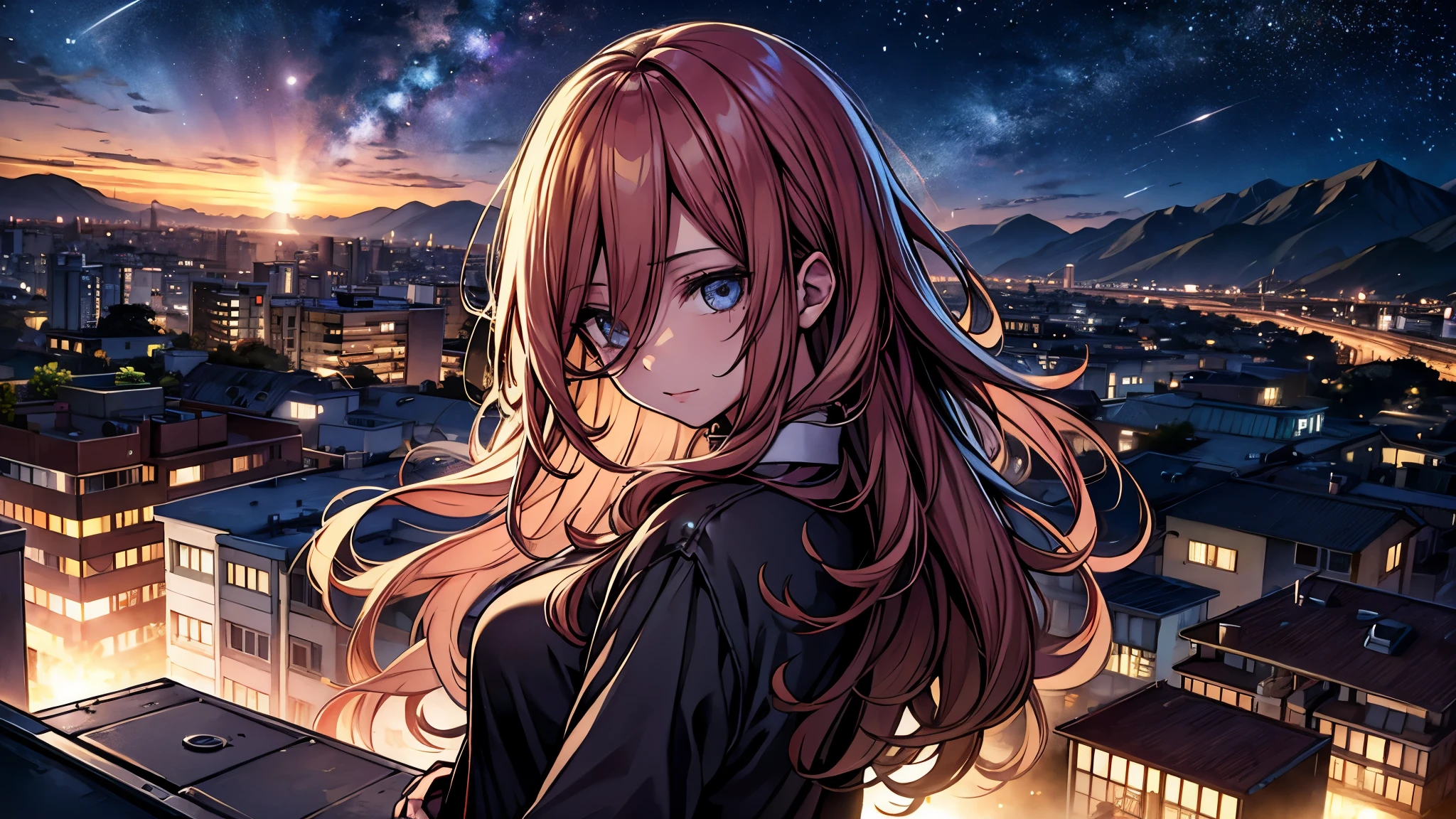 (mesa), pupilas rojas, Chica vampiro muy linda, lindo, Profundo en la noche, Azotado por el viento y nublado, Con vistas a una perspectiva alta., en la noche, Luz flotando sobre el cielo.
