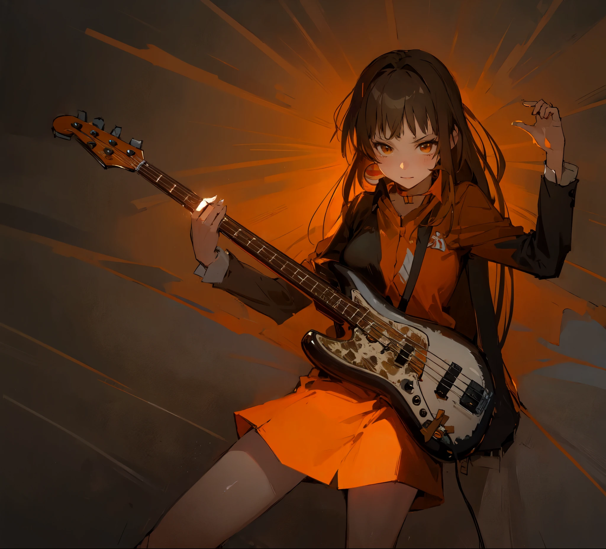 Yoimiya in a orange suit playing a lefty sunburst Fender Jazz Bass
