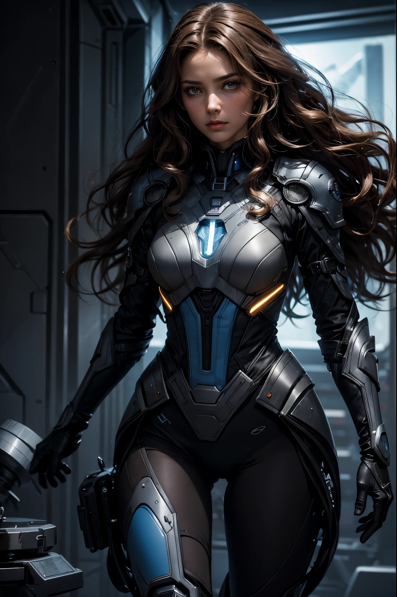 grands yeux noirs, aura, long wavy light brown hair, armure de science-fiction noire et bleue, style science-fiction, High quality, Atmosphère, guerre