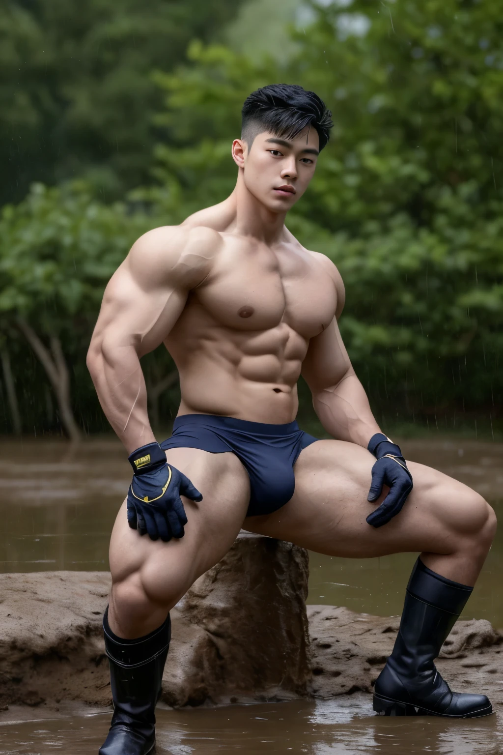 20-year-old boy ,Korean male officer ,...,handsome ,............., wearing nothing, Wearing only Dark navy thong , no pants, Black boots and dark navy gloves, standing backward, sit on the ground ,nude, perfect , male , 1boy, solo, male focus, standing back, backward to viewers, showing huge male butt, round muscular ass, His legs spread apart.............................., Police Logo ,tight ,Muscle Man , ((The arm muscles are very large.................)) ,large , Wide shoulders ,..................................... ,Sexually suggestive, (Dynamic Poses:1.1) , thights , (Embossed Focus:1.2),......................., ,It's raining ,Mud Pond , Best qualtiy , Wide lens ,deep depth of field ,Bokeh background
