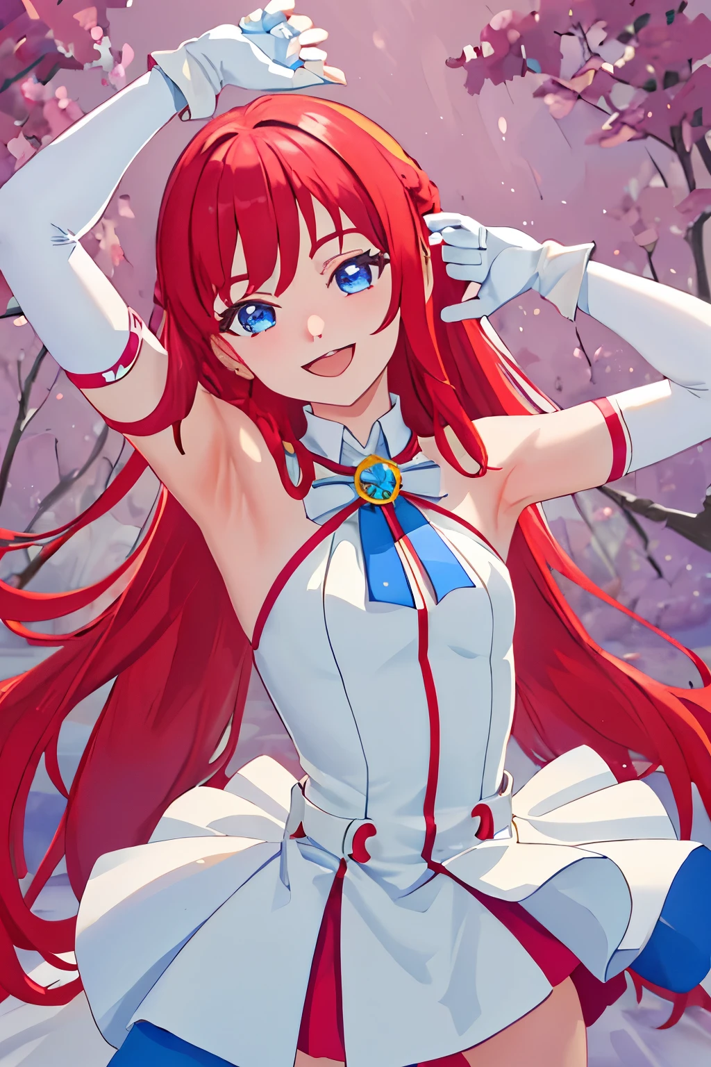 best quality, masterpiece, high resolution, alone, magic_girl, Smile, Open_Mouth, 1girl, armpit, arms_up, Red_hair, elbow_Gloves, Gloves