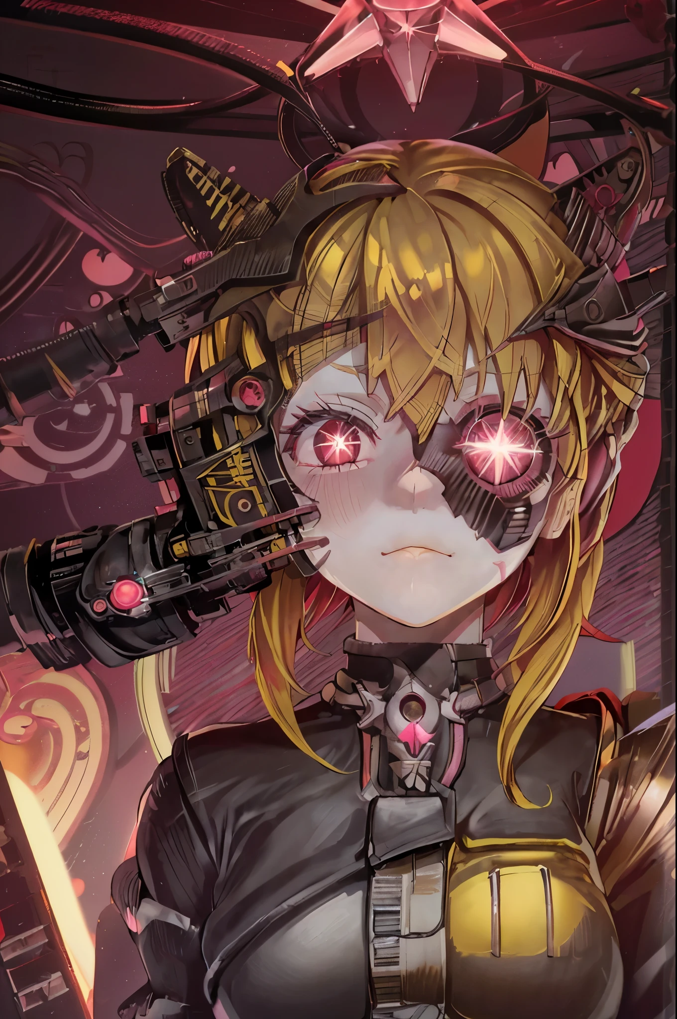 ruby hoshino, (yellow hair:1.5), long hair, one side up, (pink eyes:1.5), sidelocks, (star-shaped pupils:1.5), (symbol-shaped pupils:1.5), (mismatched pupils:1.5), borg cyborg bald gray skin veins metal armor cable eyepatch deadpan expression
