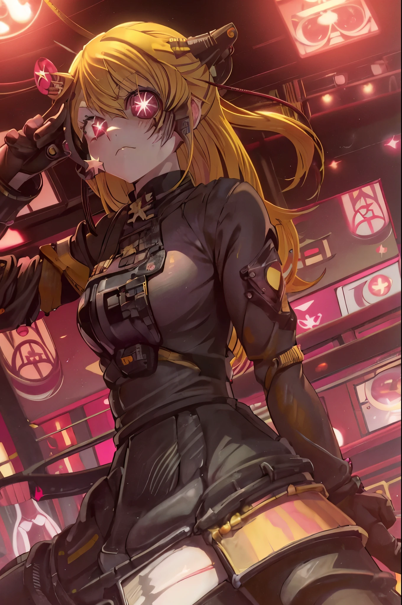 ruby hoshino, (yellow hair:1.5), long hair, one side up, (pink eyes:1.5), sidelocks, (star-shaped pupils:1.5), (symbol-shaped pupils:1.5), (mismatched pupils:1.5), borg cyborg bald gray skin veins metal armor cable eyepatch deadpan expression