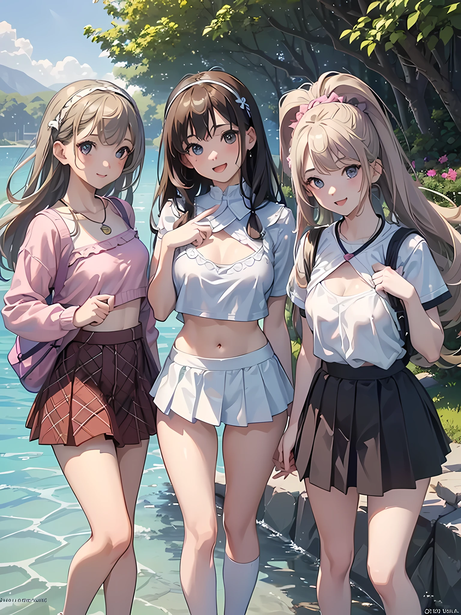 ((highest quality)), ((masterpiece)), (3 girls:1.3), Three cute girls are posing for the camera outdoors underwater, (shirtを持ち上げる),(The wind flips my skirt:1.3), three people standing in a row, (Close-up shot from the waist up:1.5), (open your mouth and smile:1.3), ray tracing, (bubble butt), bend over, hair band, head band, hair bobble, blouse, shirt, (pastel micro bikini top), (high resolution eyes:1.5), (High definition finger 1.5), light smile, realistic, knee socks, Asian, Westerners, silver hair, brown hair, blonde, (belly button), jewelry, looking at the viewer, necklace, small breasts, long hair, short hair, (abs),