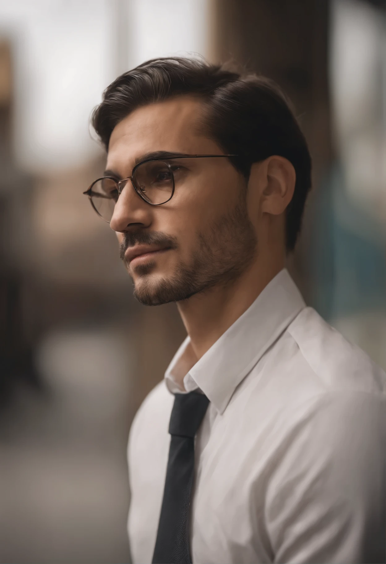serious expression, professional attire, with a bright office background, high-resolution, studio lighting, sharp focus, vivid colors, detailed skin texture, clear and defined facial features, distinct jawline, neat and well-groomed facial hair, dark and defined eyebrows, intense gaze, confident smile, eye-catching tie, modern glasses, crisp white shirt.