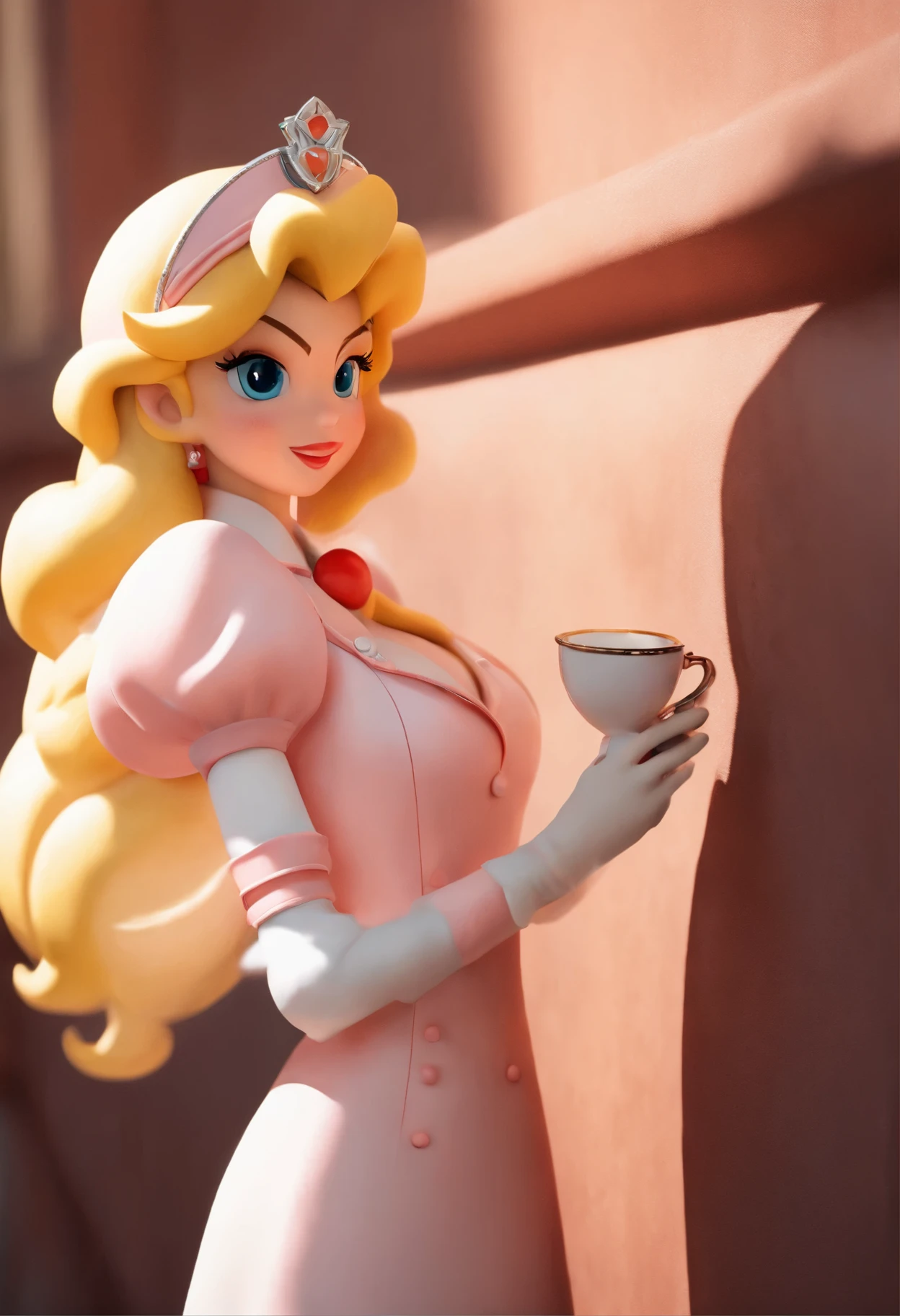 Princess peach leaning on a wall with a a revealing nurse uniforme Cup soft ligh