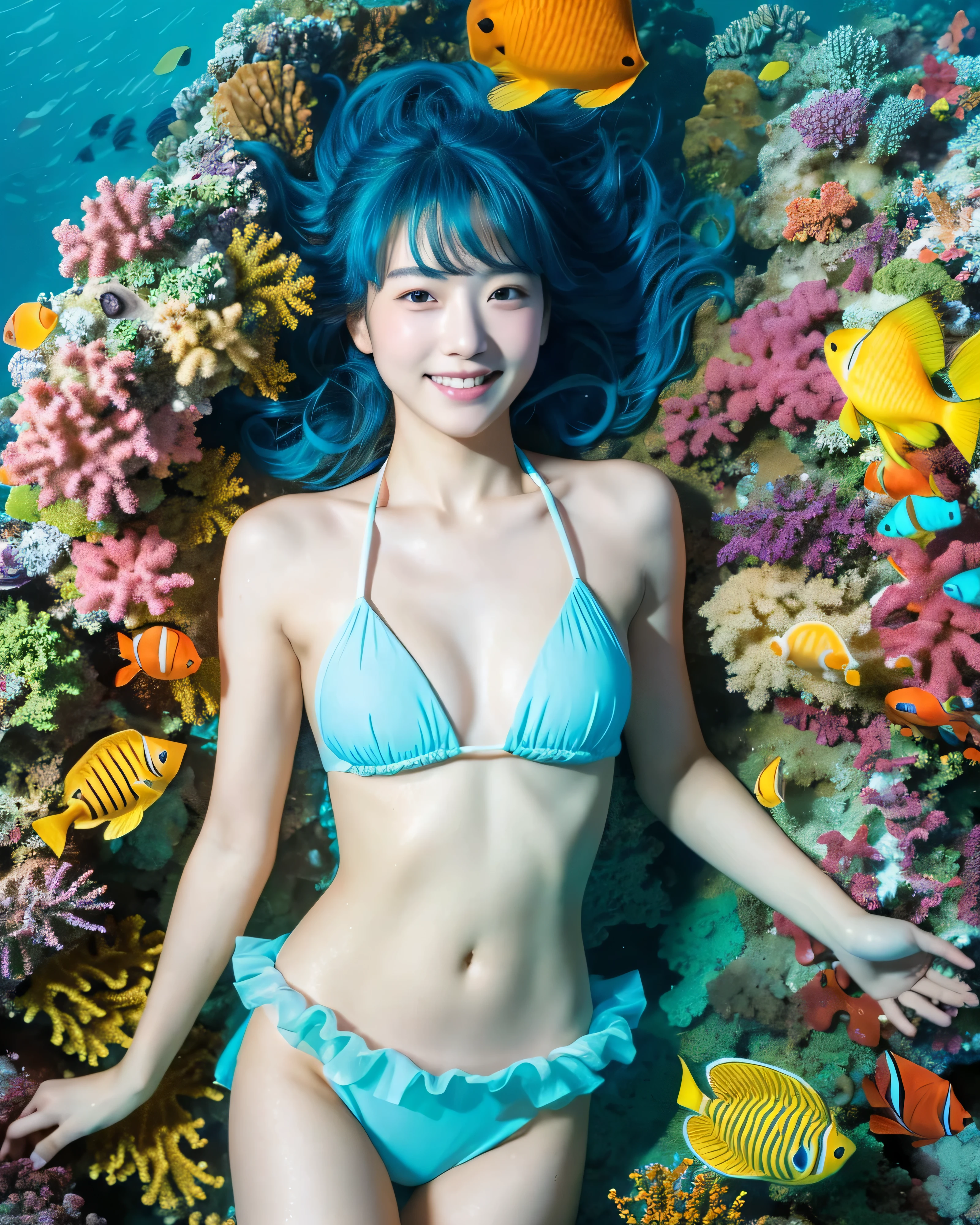 (highest quality, 8k, High resolution, masterpiece:1.2), Hello to the underwater world, beautiful japanese girl, , (whole body:1.3), (Swim with fish:1.5), (In the clear blue sea:1.5), (intricately shining light blue hair, beautiful straight long hair, fine hair is disheveled, asymmetrical bangs:1.3), big magic eyes, High resolutionの茶色い瞳, pale pink lips, smooth soft skin, shiny face, bright makeup, gentle smile, Bikini with white ruffles, Detailed and perfect clavicle, High resolutionの美しい胸, Detailed and perfect belly button, Dense and beautiful legs, (100+ colorful coral reef), (100+ colorful tropical fish), professional lighting, professional photographer