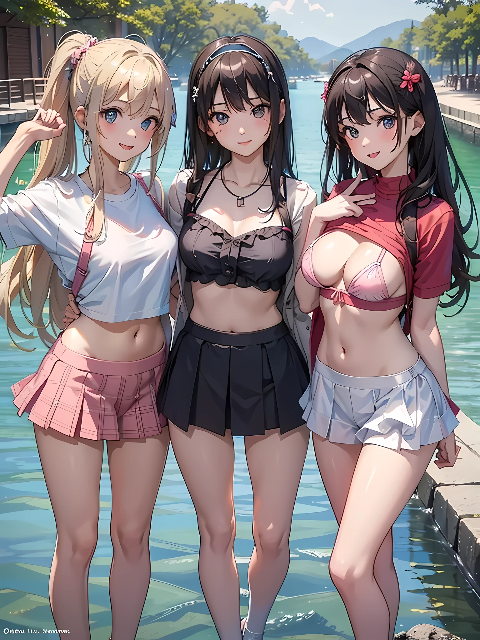 ((highest quality)), ((masterpiece)), (3 girls:1.3), Three cute girls are posing for the camera outdoors underwater, (shirtを持ち上げる),(The wind flips my skirt:1.3), three people standing in a row, (Close-up shot from the waist up:1.5), (open your mouth and smile:1.3), ray tracing, (bubble butt), bend over, hair band, head band, hair bobble, blouse, shirt, (pastel micro bikini top), (high resolution eyes:1.5), (High definition finger 1.5), light smile, realistic, knee socks, Asian, Westerners, silver hair, brown hair, blonde, (belly button), jewelry, looking at the viewer, necklace, small breasts, long hair, short hair, (abs),