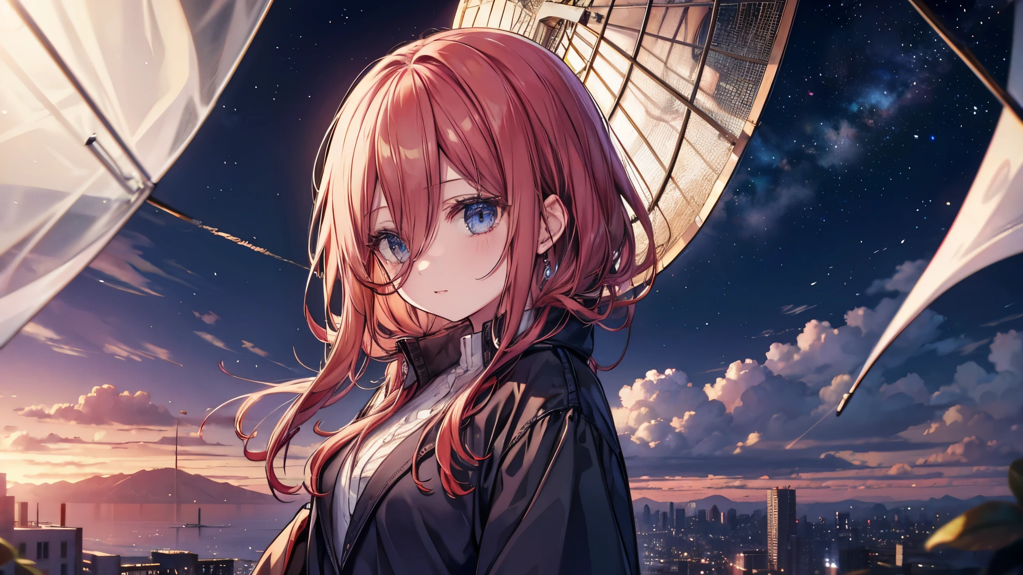 (mesa), pupilas rojas, Chica vampiro muy linda, lindo, Profundo en la noche, Azotado por el viento y nublado, Con vistas a una perspectiva alta., en la noche, Luz flotando sobre el cielo.