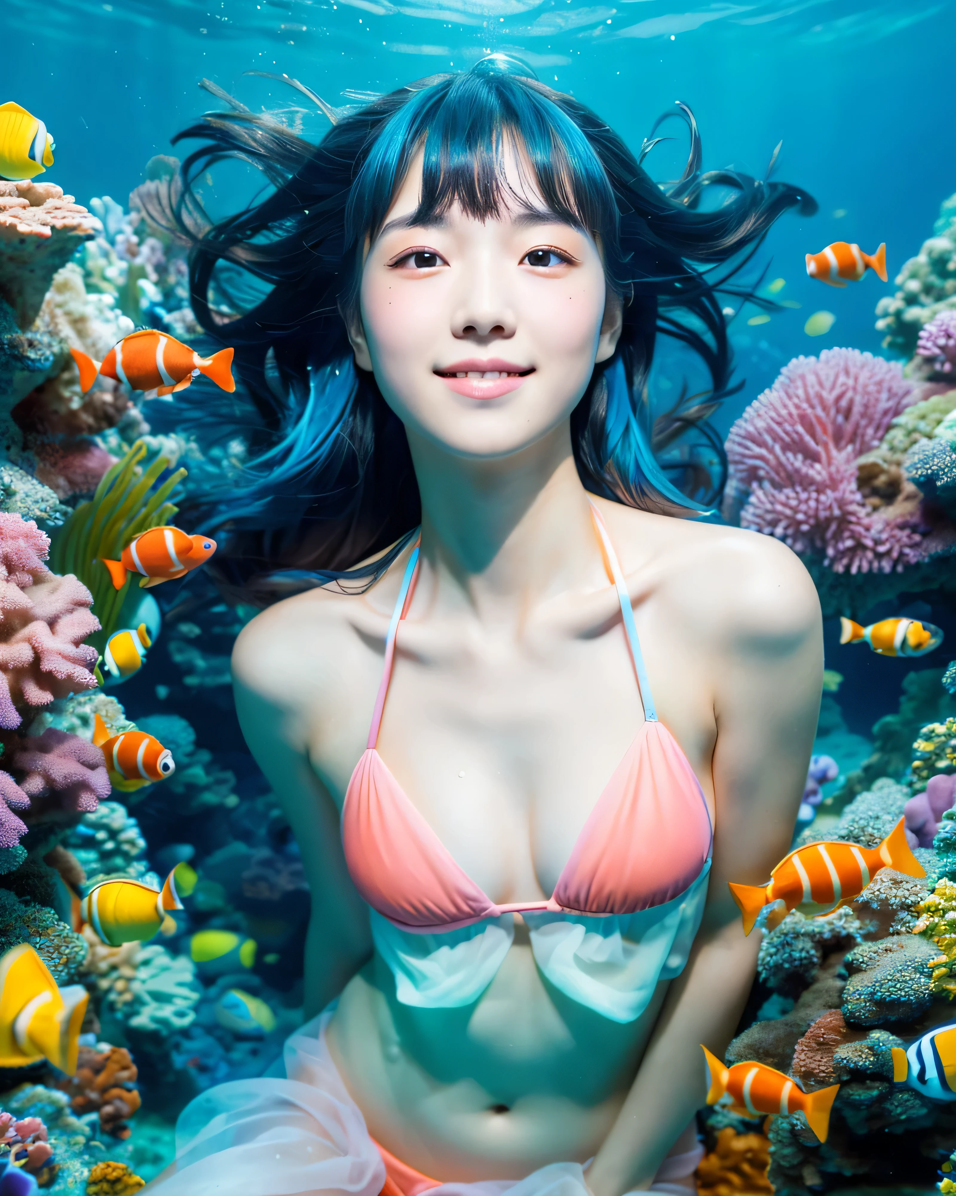 (highest quality, 8k, High resolution, masterpiece:1.2), Hello to the underwater world, beautiful japanese girl, , (whole body:1.3), (Swim with fish:1.5), (In the clear blue sea:1.5), (intricately shining light blue hair, beautiful straight long hair, fine hair is disheveled, asymmetrical bangs:1.3), big magic eyes, High resolutionの茶色い瞳, pale pink lips, smooth soft skin, shiny face, bright makeup, gentle smile, Bikini with white ruffles, Detailed and perfect clavicle, High resolutionの美しい胸, Detailed and perfect belly button, Dense and beautiful legs, (100+ colorful coral reef), (100+ colorful tropical fish), professional lighting, professional photographer