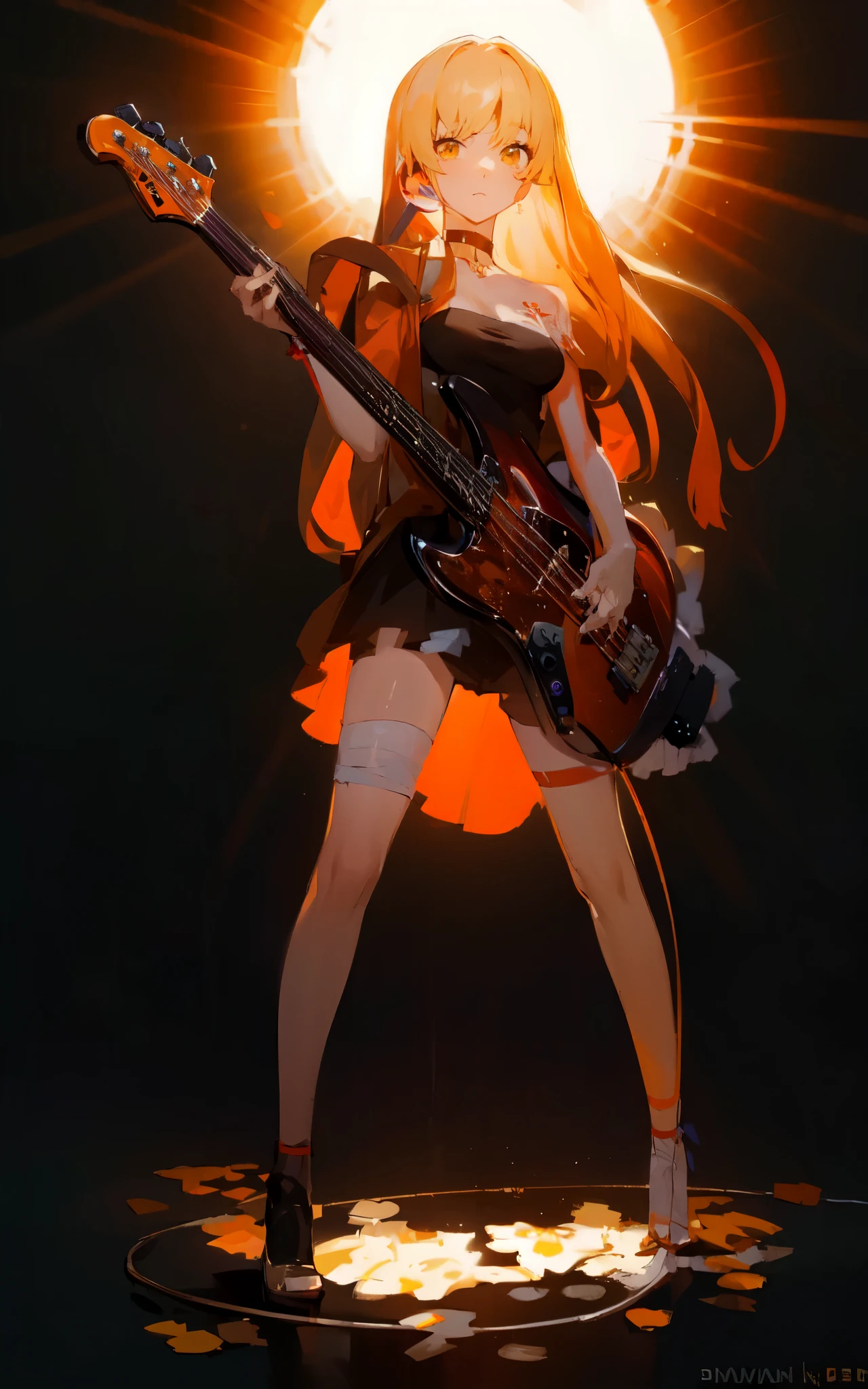 Yoimiya wearing an orange dress playing a sunburst Fender Jazz Bass. Electric Bass guitar, 3-tones sunburst color.